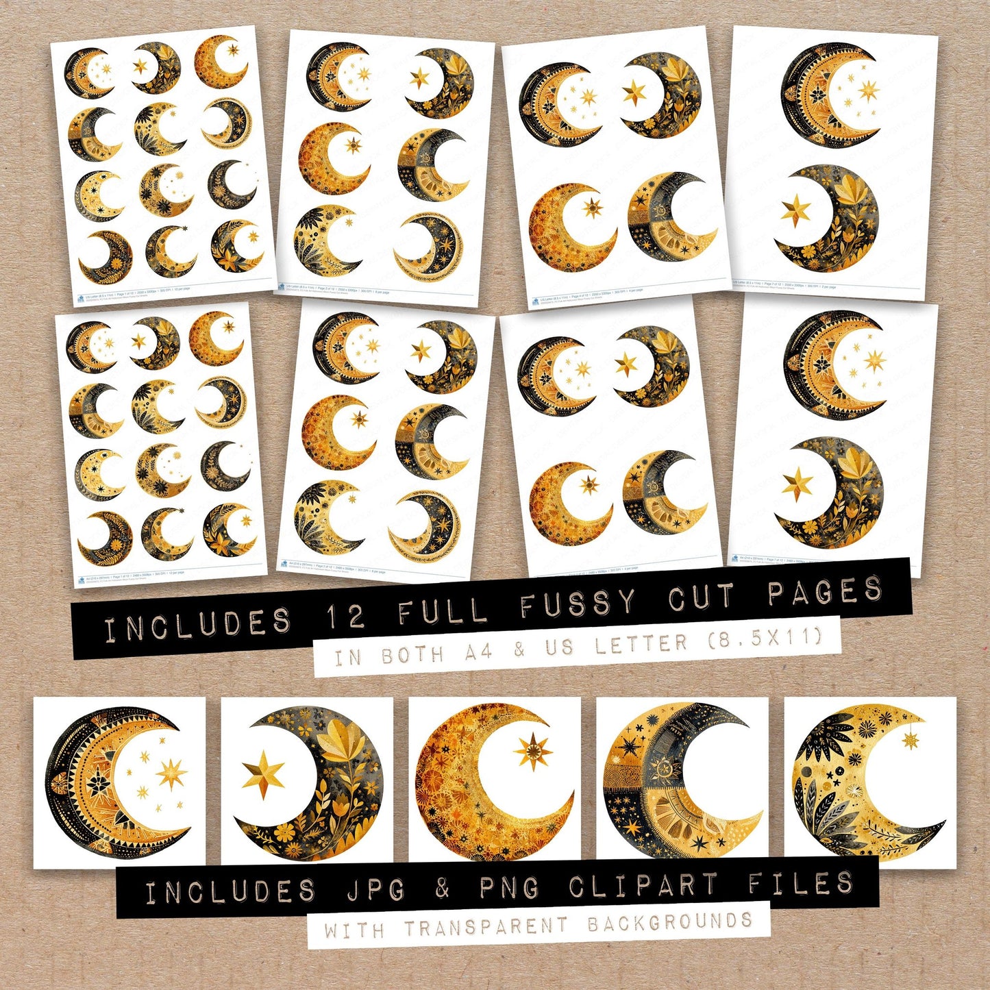 Full collection view of Folk Art Halloween Moon fussy cut sheets with bonus clipart JPG and PNG files