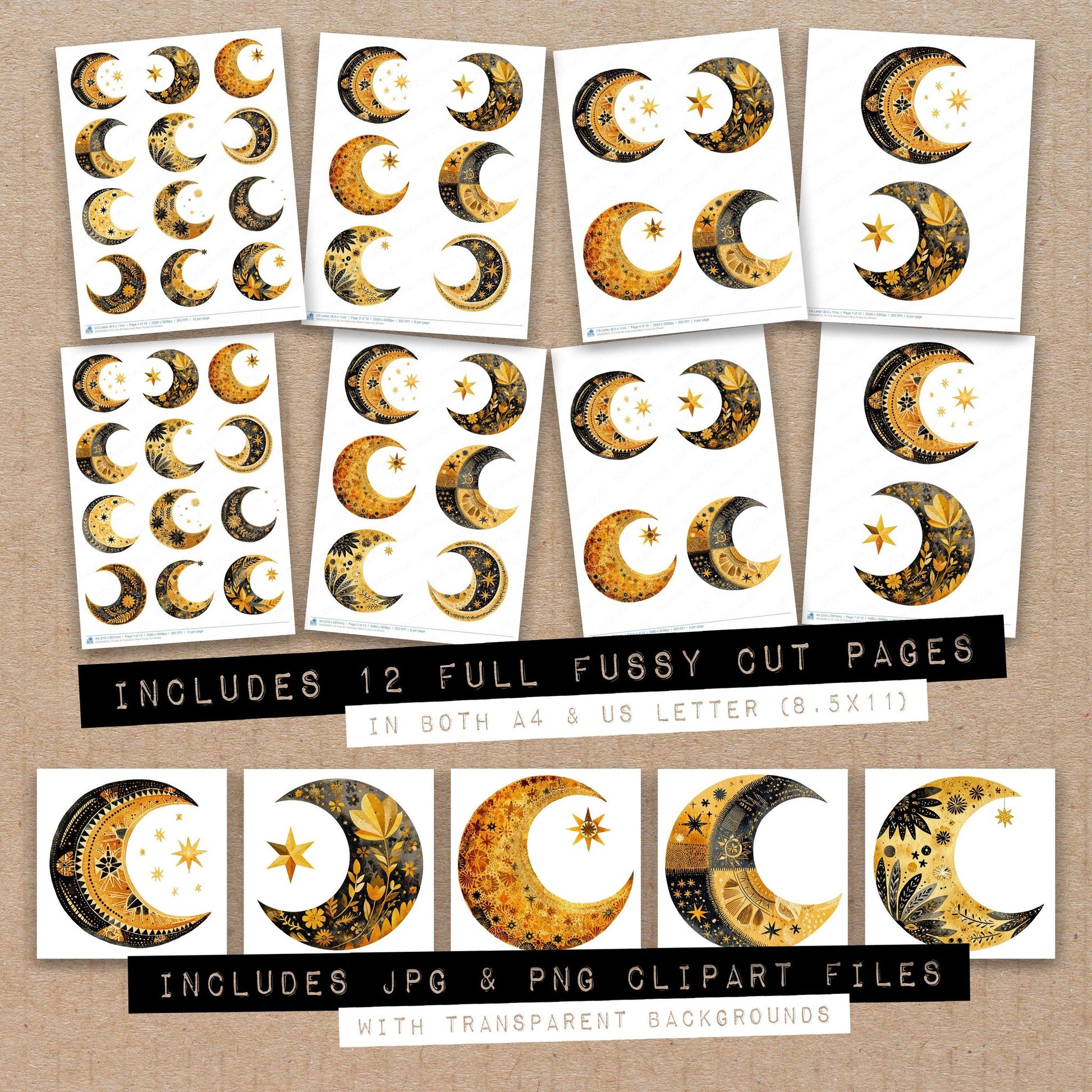 Full collection view of Folk Art Halloween Moon fussy cut sheets with bonus clipart JPG and PNG files