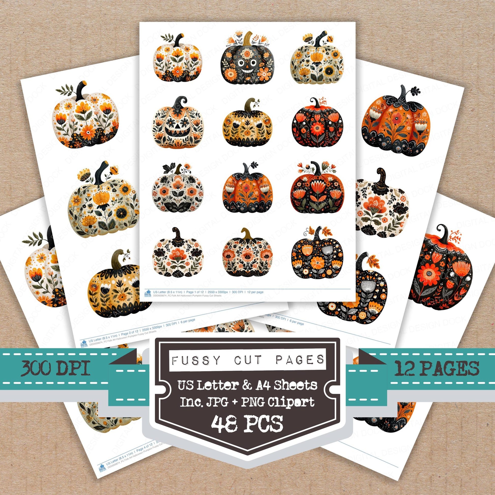 Folk Art Halloween Pumpkin fussy cut printable sheets for junk journaling, scrapbooking, and paper craft projects