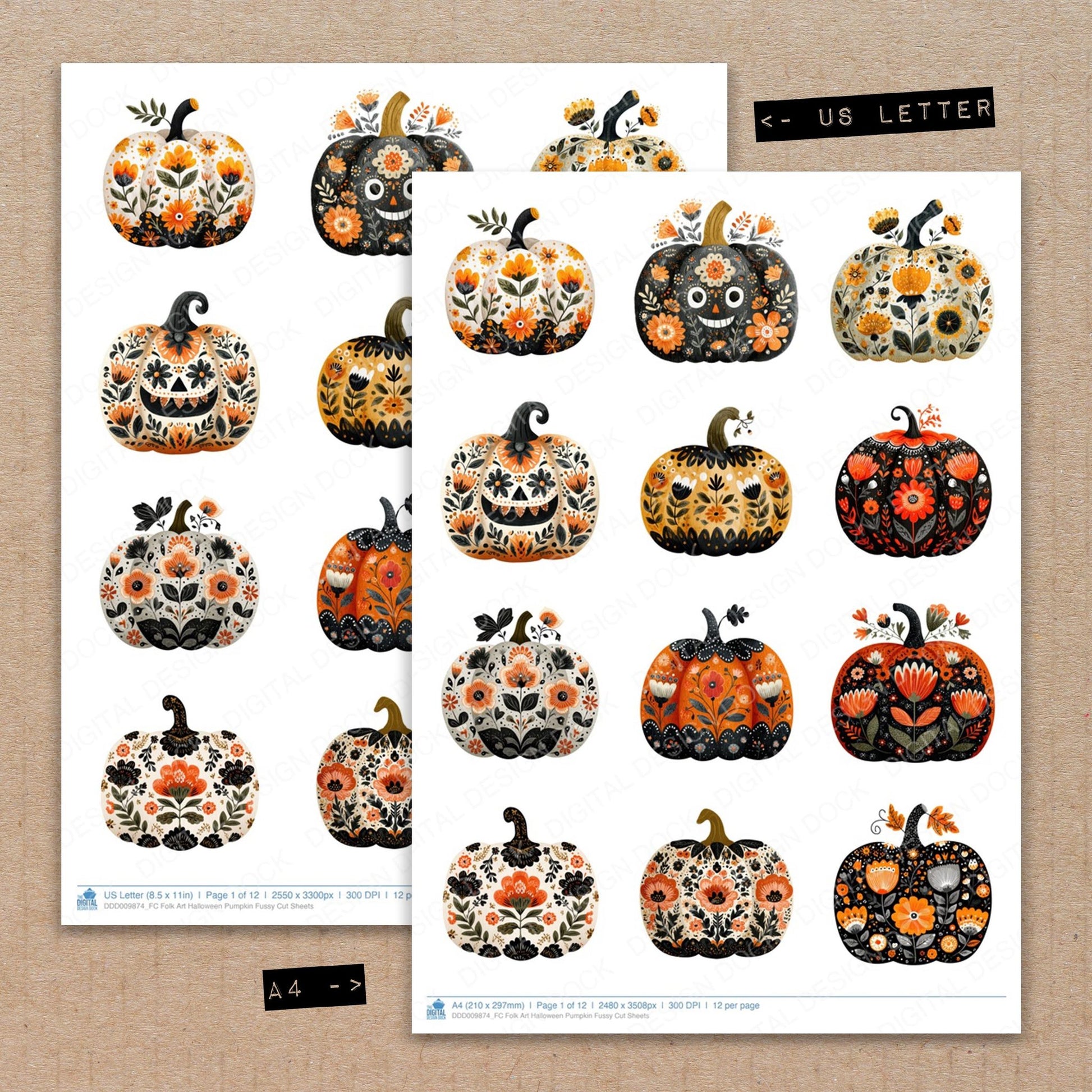 A4 and US Letter format comparison showing Folk Art Halloween Pumpkin fussy cut pages for print and cut crafting