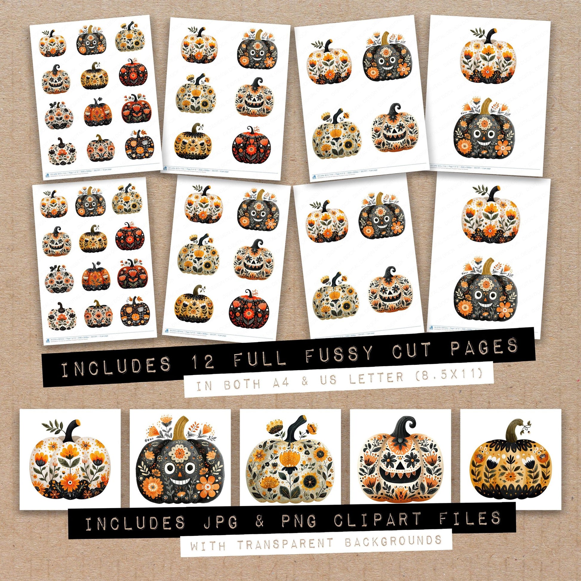 Full collection view of Folk Art Halloween Pumpkin fussy cut sheets with bonus clipart JPG and PNG files