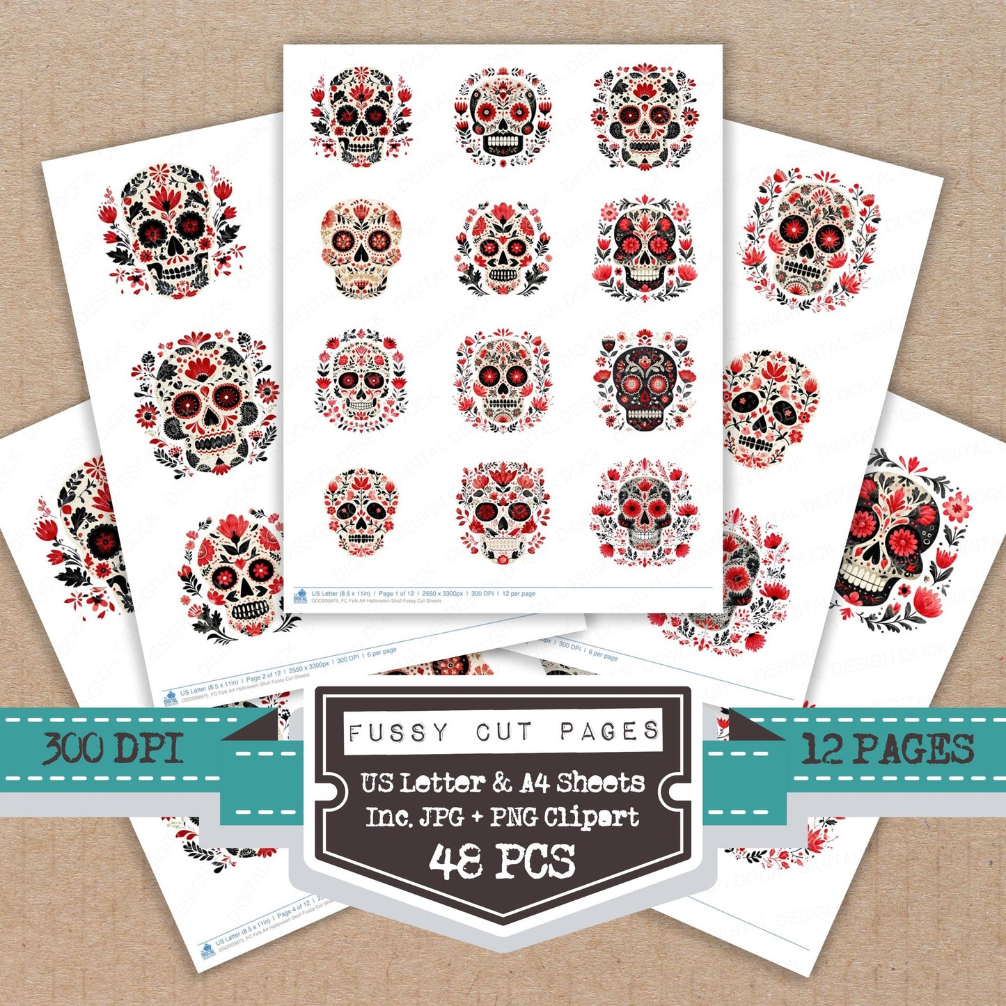 Folk Art Halloween Skull fussy cut printable sheets for junk journaling, scrapbooking, and paper craft projects