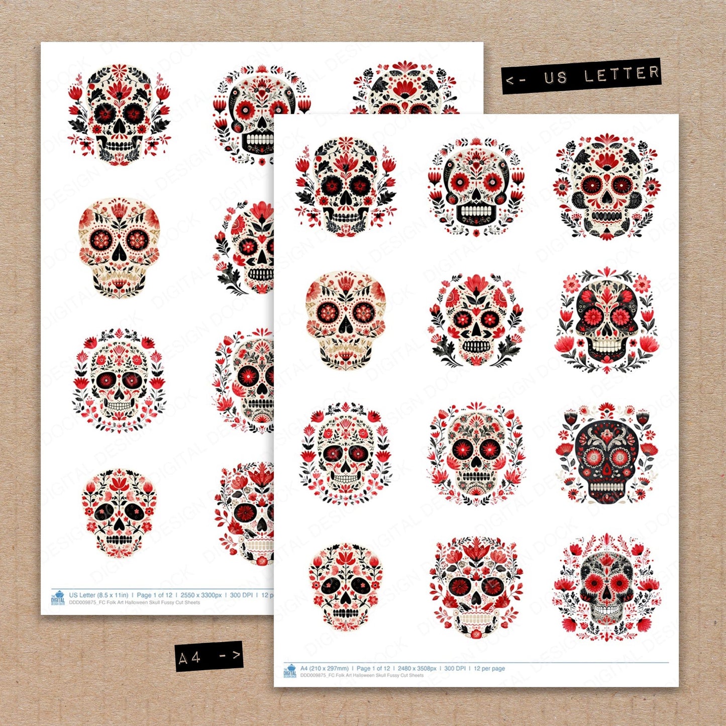 A4 and US Letter format comparison showing Folk Art Halloween Skull fussy cut pages for print and cut crafting