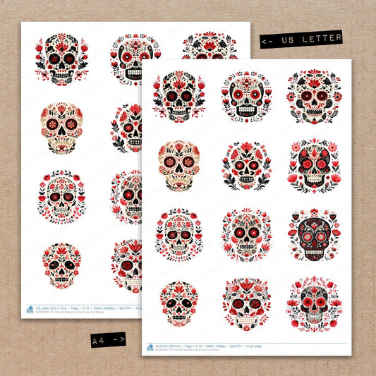 A4 and US Letter format comparison showing Folk Art Halloween Skull fussy cut pages for print and cut crafting