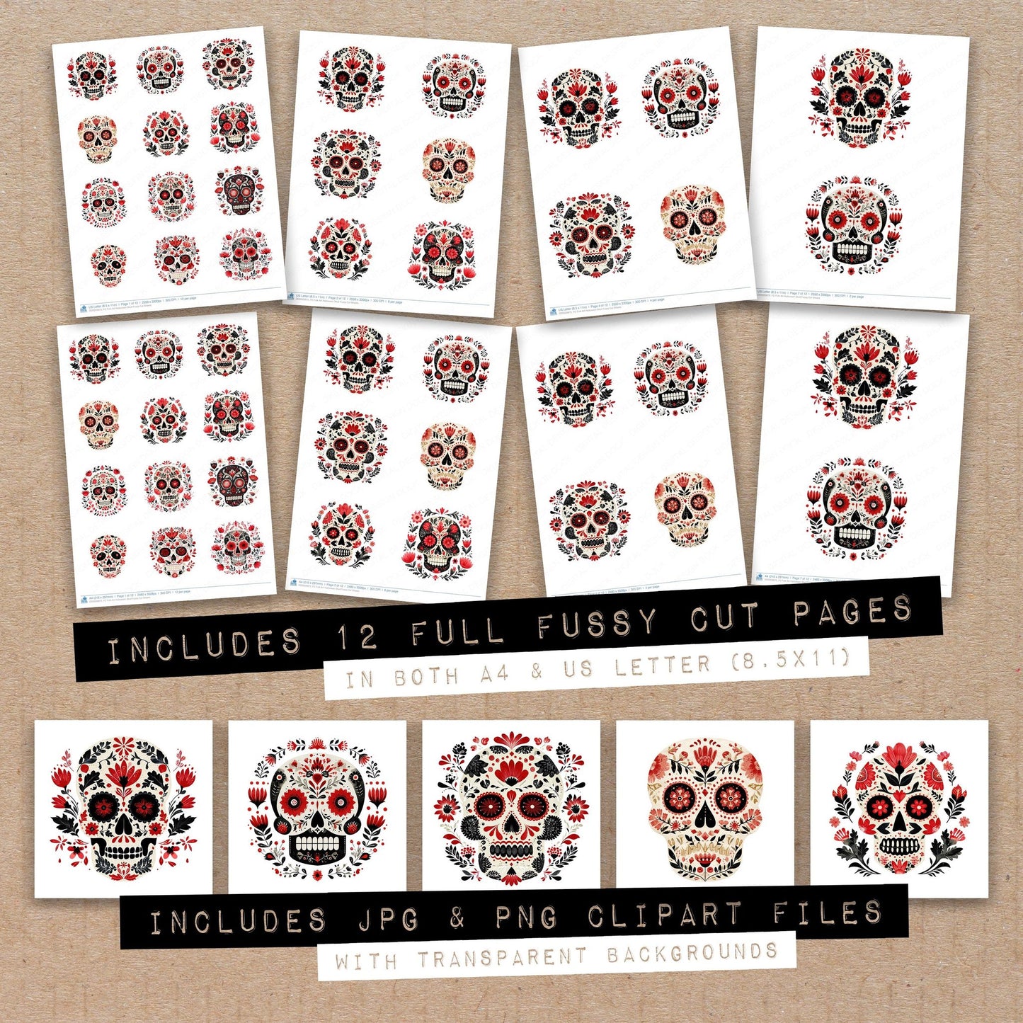 Full collection view of Folk Art Halloween Skull fussy cut sheets with bonus clipart JPG and PNG files