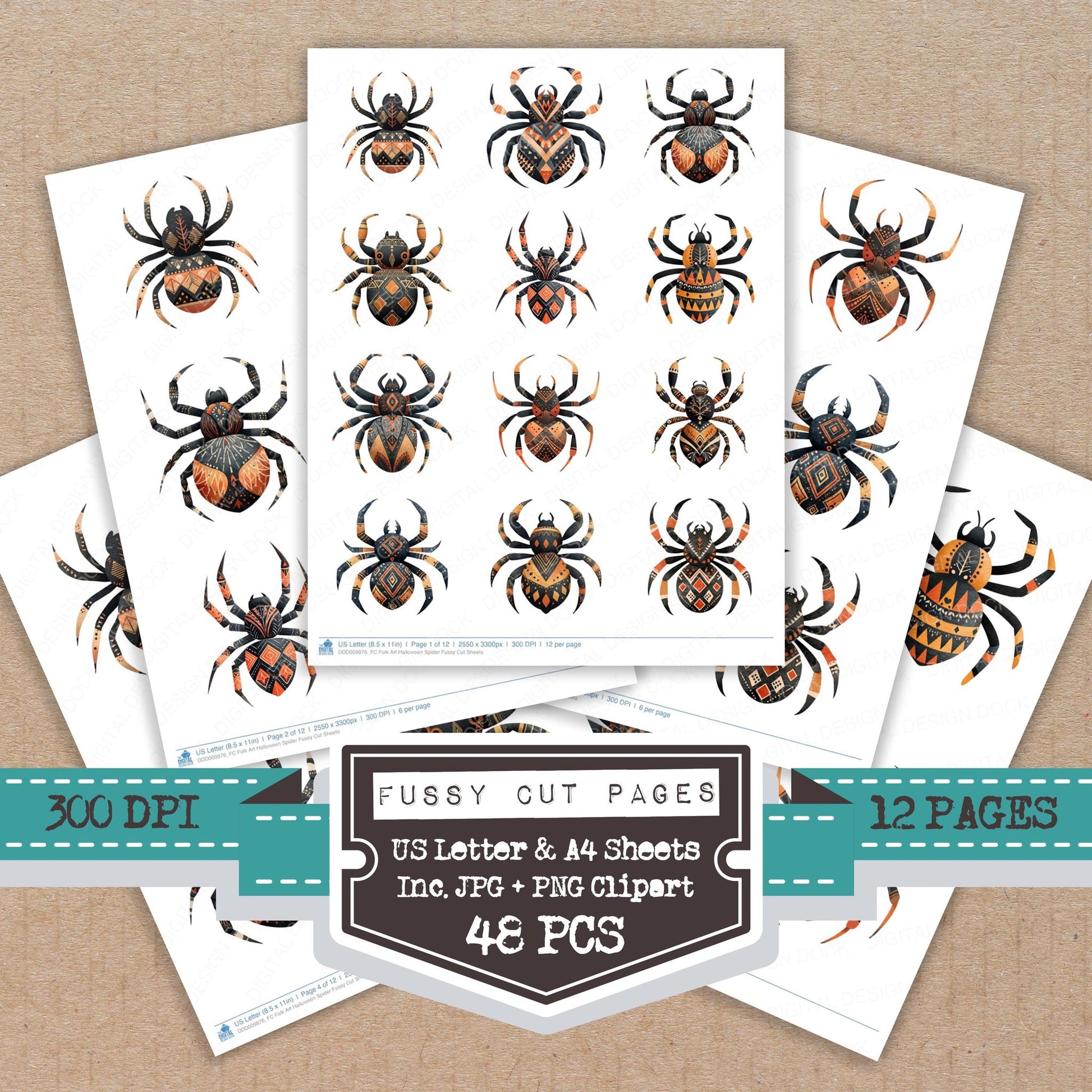 Folk Art Halloween Spider fussy cut printable sheets for junk journaling, scrapbooking, and paper craft projects