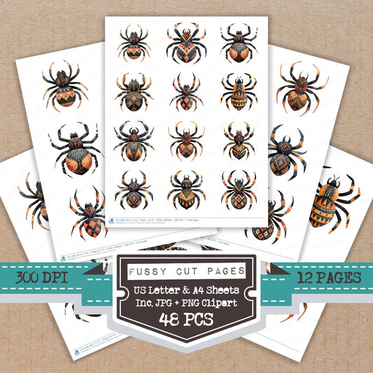 Folk Art Halloween Spider fussy cut printable sheets for junk journaling, scrapbooking, and paper craft projects