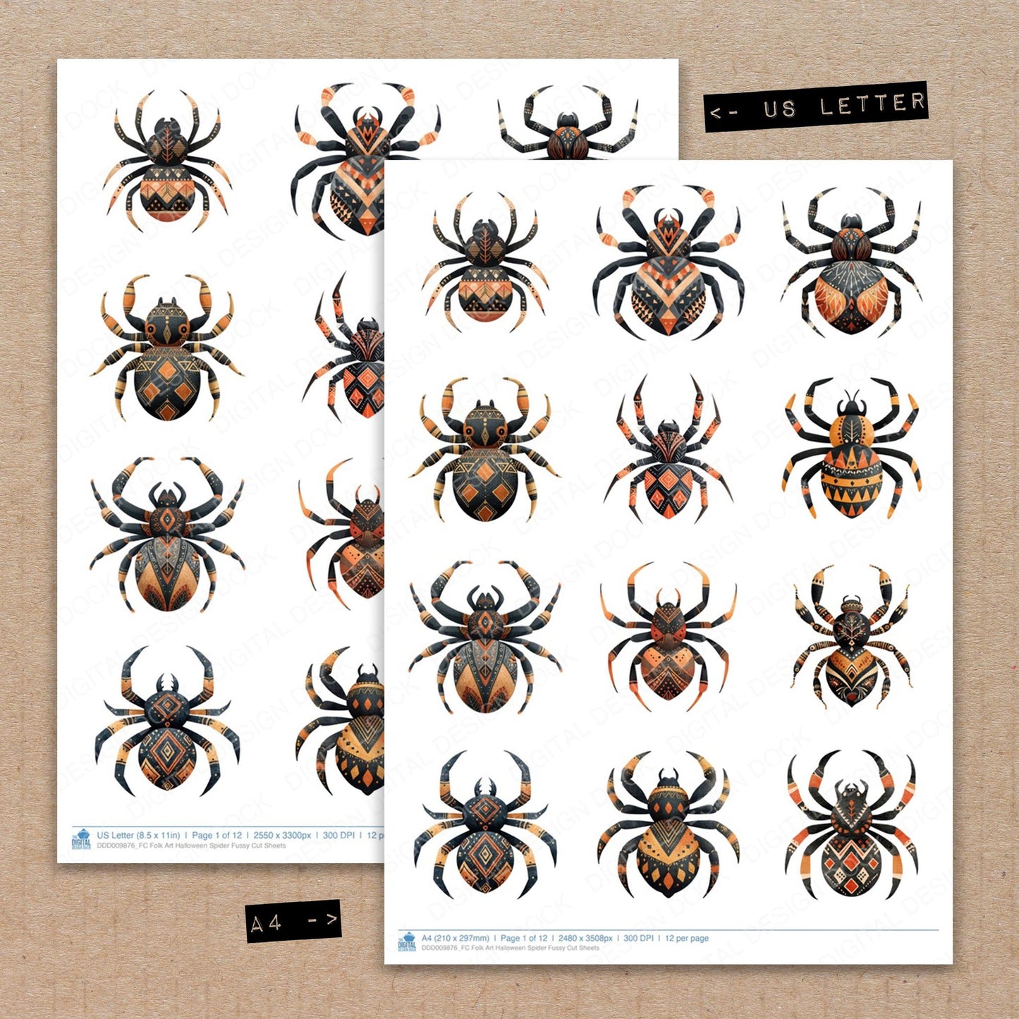 A4 and US Letter format comparison showing Folk Art Halloween Spider fussy cut pages for print and cut crafting