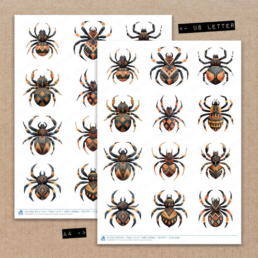 A4 and US Letter format comparison showing Folk Art Halloween Spider fussy cut pages for print and cut crafting