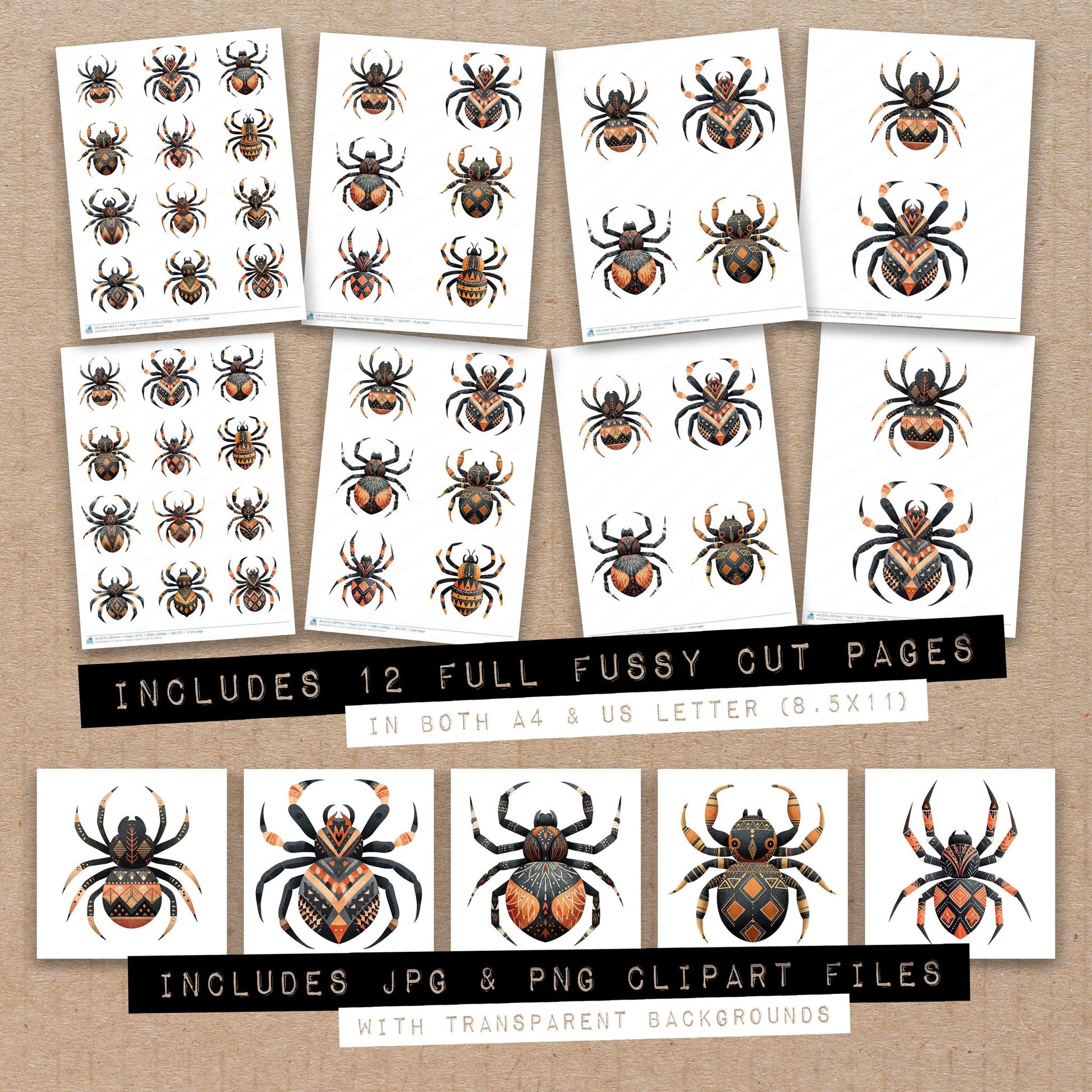 Full collection view of Folk Art Halloween Spider fussy cut sheets with bonus clipart JPG and PNG files