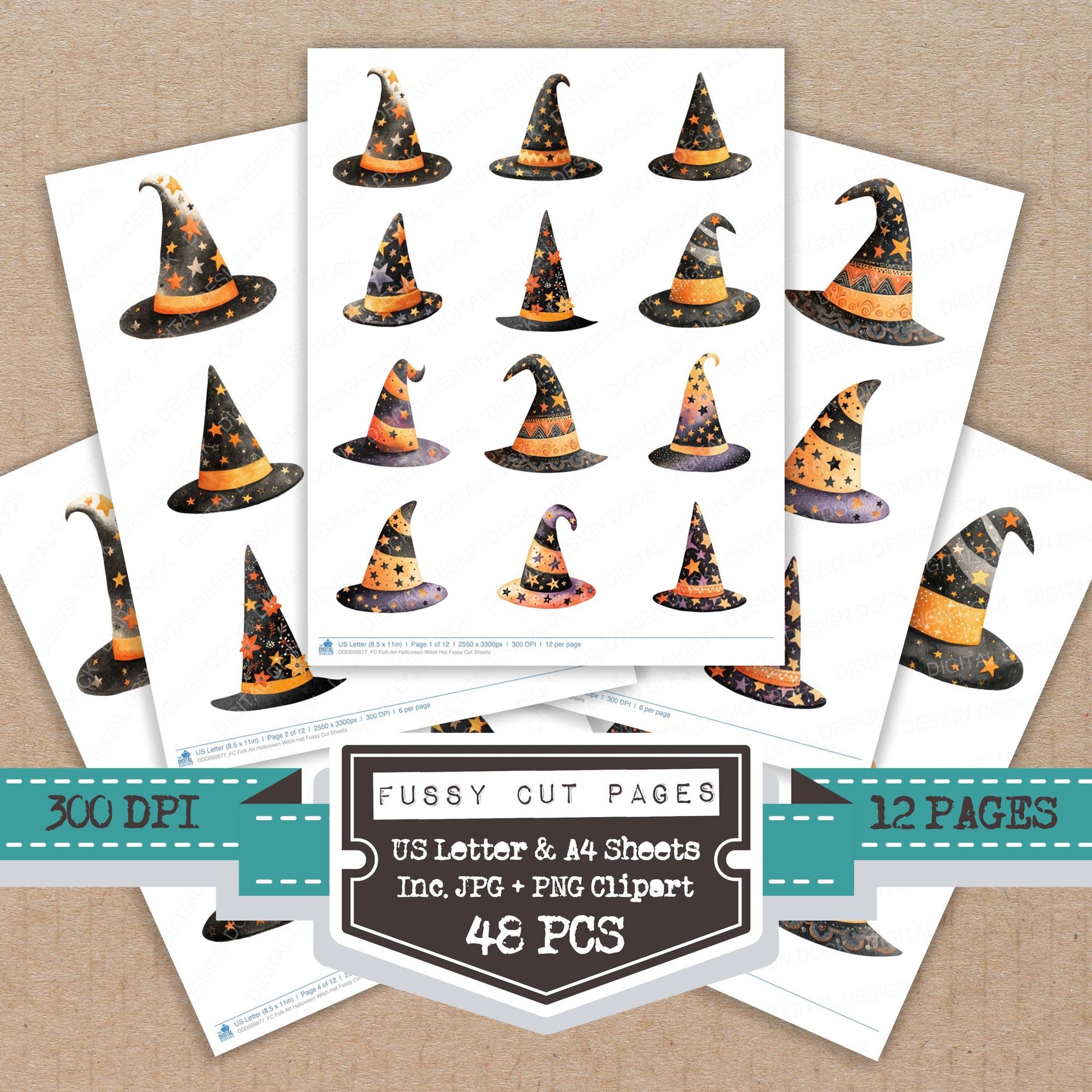 Folk Art Halloween Witch Hat fussy cut printable sheets for junk journaling, scrapbooking, and paper craft projects