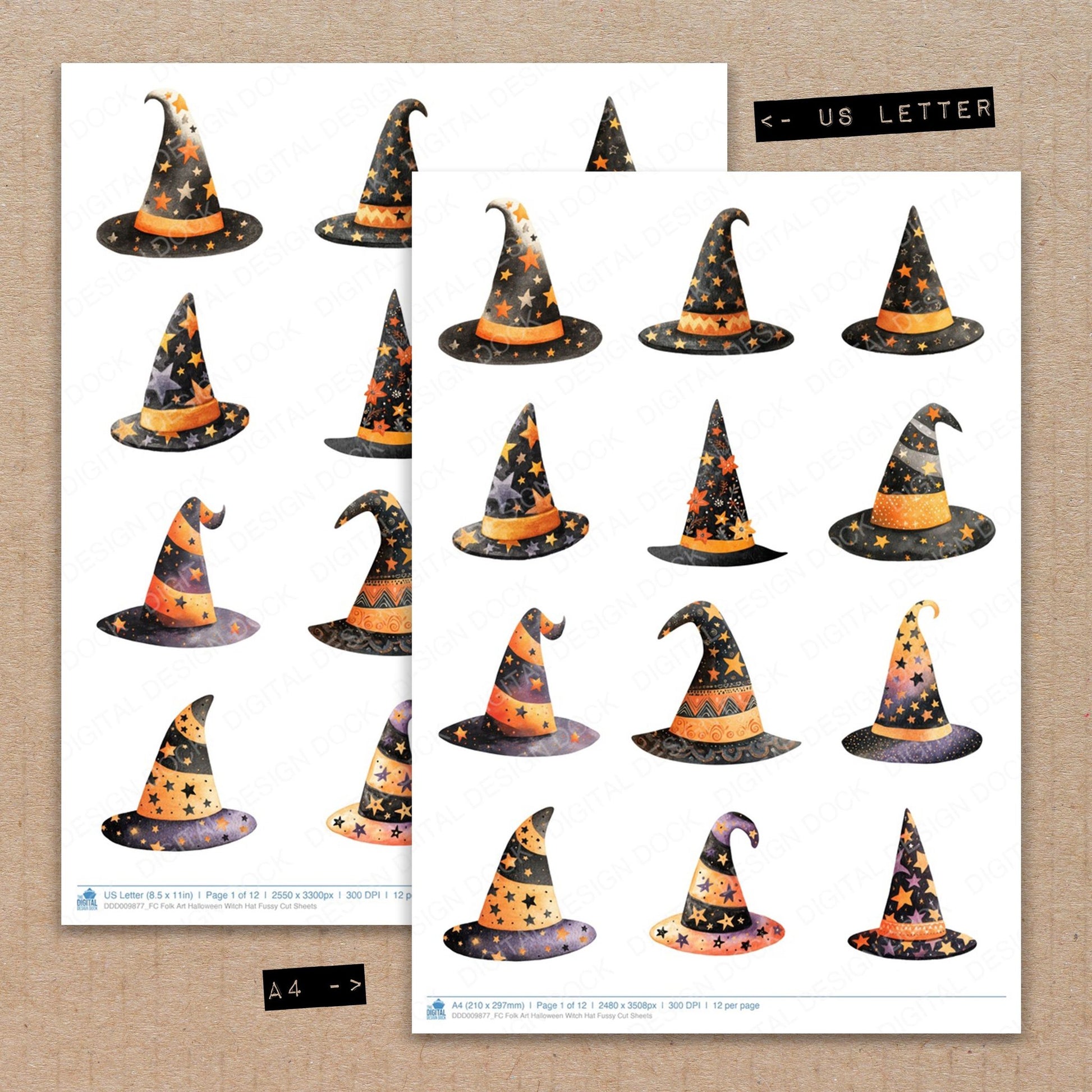 A4 and US Letter format comparison showing Folk Art Halloween Witch Hat fussy cut pages for print and cut crafting