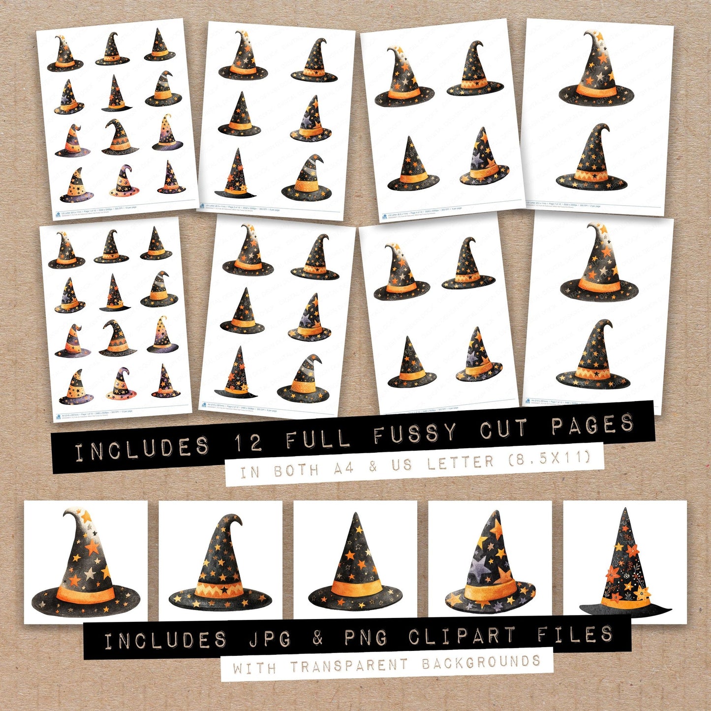 Full collection view of Folk Art Halloween Witch Hat fussy cut sheets with bonus clipart JPG and PNG files