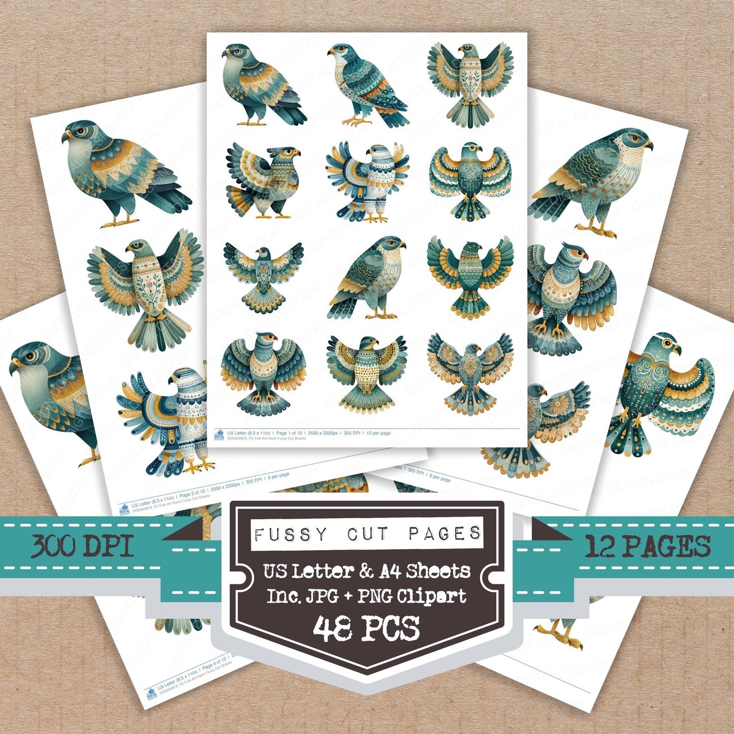 Folk Art Hawk fussy cut printable sheets for junk journaling, scrapbooking, and paper craft projects