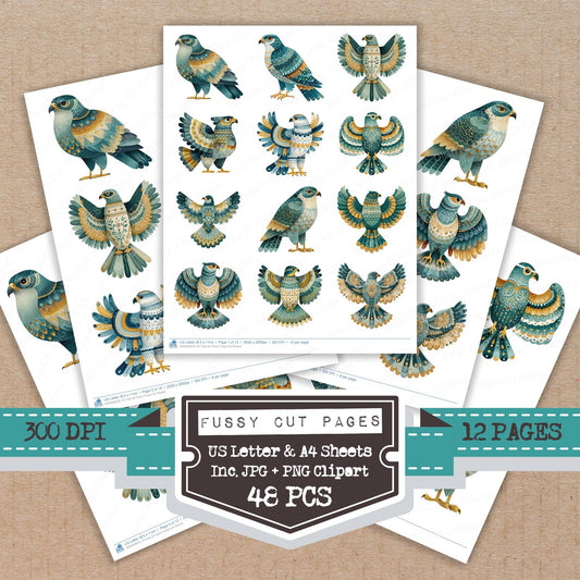 Folk Art Hawk fussy cut printable sheets for junk journaling, scrapbooking, and paper craft projects