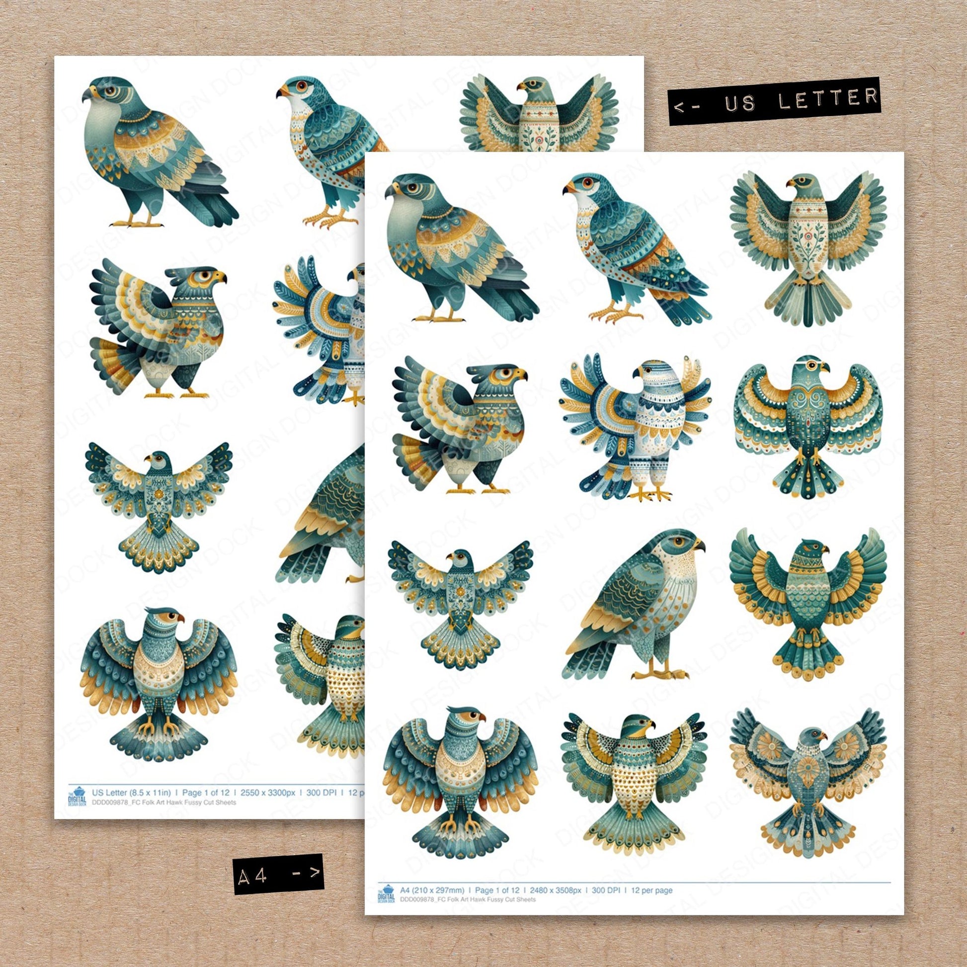 A4 and US Letter format comparison showing Folk Art Hawk fussy cut pages for print and cut crafting
