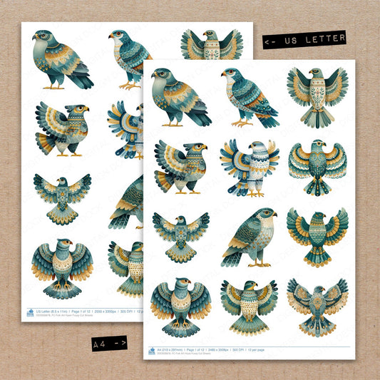 A4 and US Letter format comparison showing Folk Art Hawk fussy cut pages for print and cut crafting