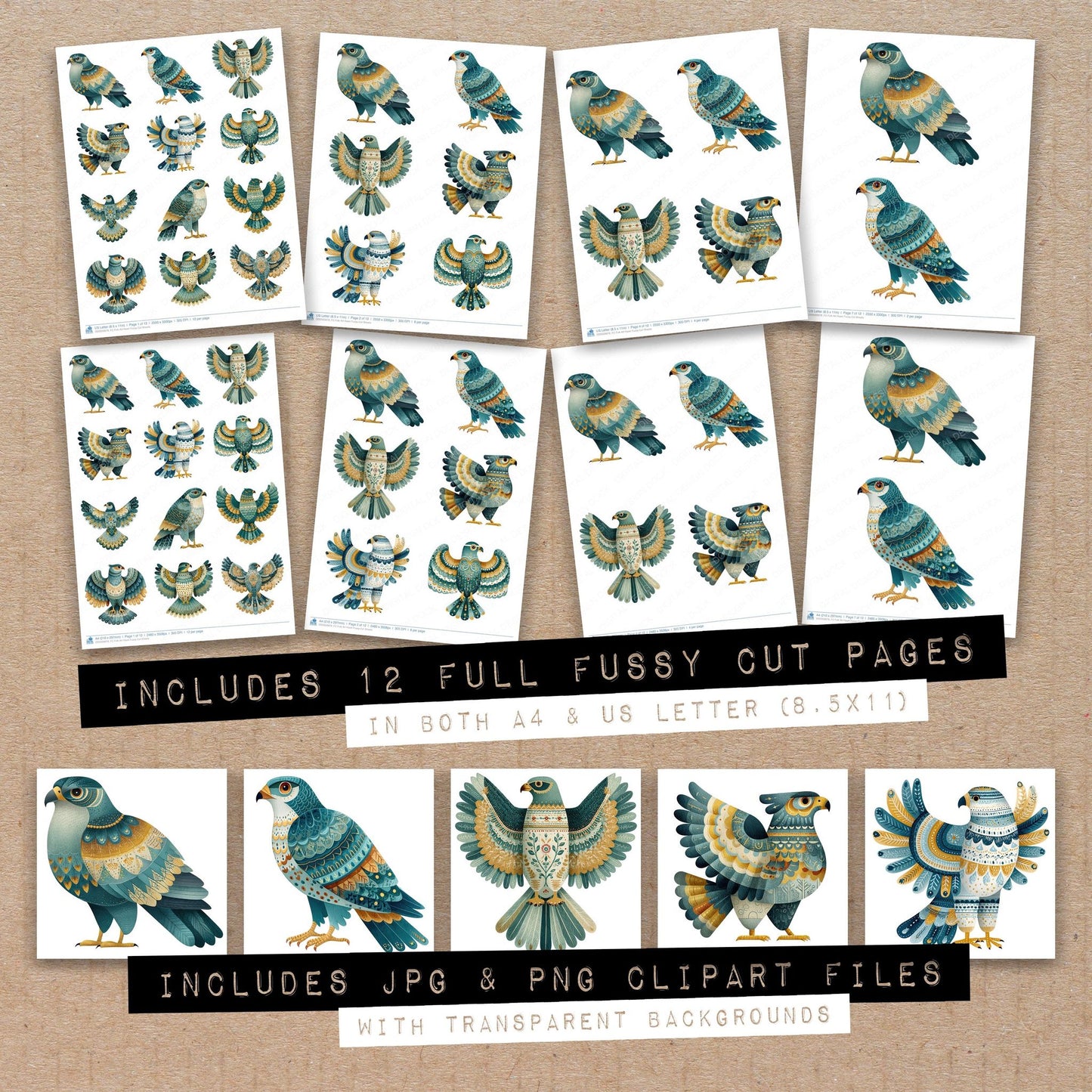 Full collection view of Folk Art Hawk fussy cut sheets with bonus clipart JPG and PNG files
