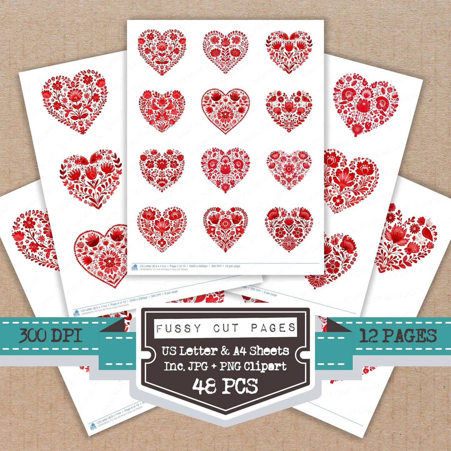 Folk Art Heart fussy cut printable sheets for junk journaling, scrapbooking, and paper craft projects
