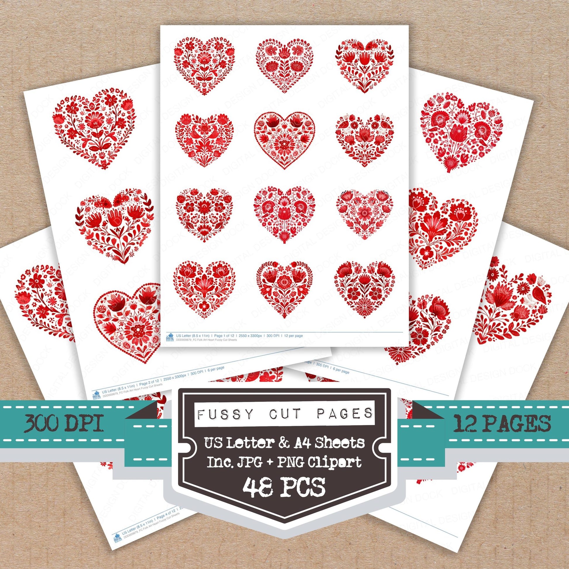 Folk Art Heart fussy cut printable sheets for junk journaling, scrapbooking, and paper craft projects