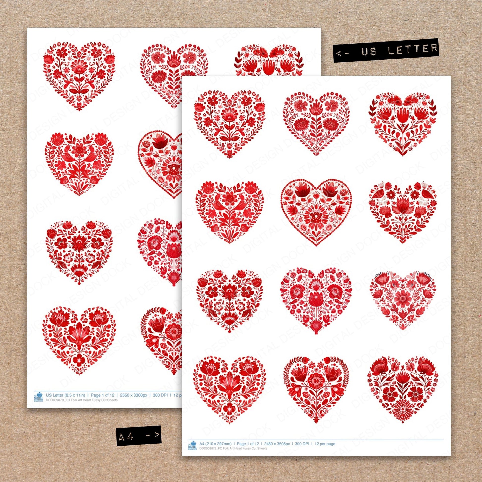 A4 and US Letter format comparison showing Folk Art Heart fussy cut pages for print and cut crafting