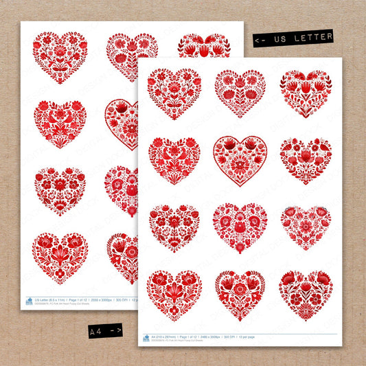 A4 and US Letter format comparison showing Folk Art Heart fussy cut pages for print and cut crafting