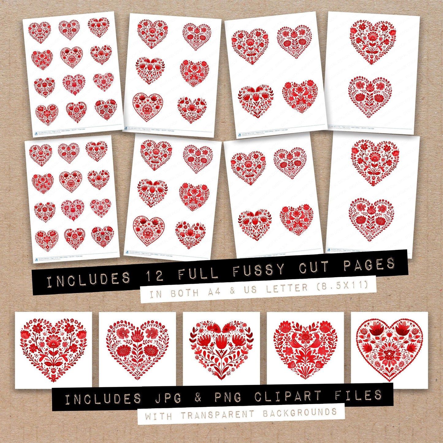 Full collection view of Folk Art Heart fussy cut sheets with bonus clipart JPG and PNG files