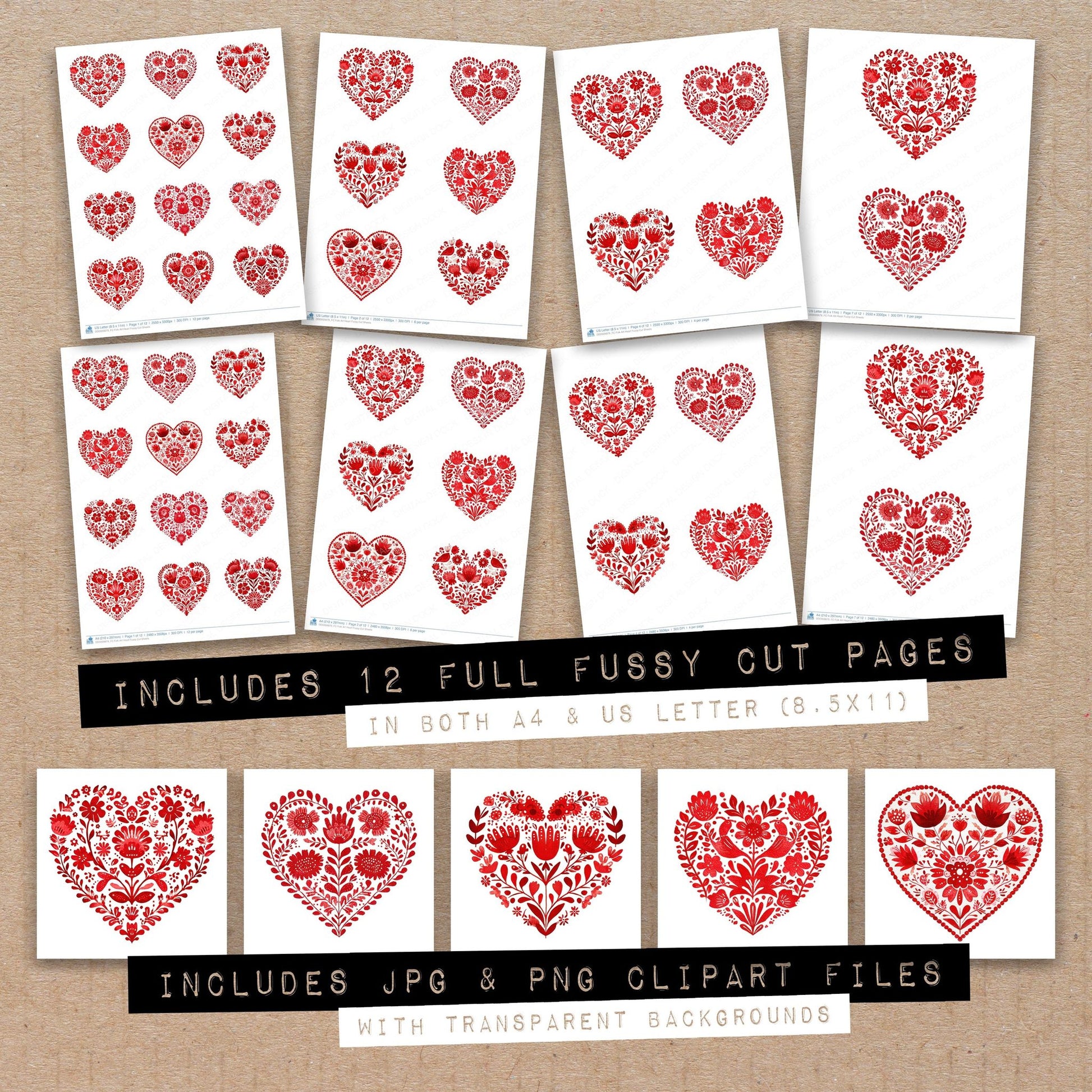 Full collection view of Folk Art Heart fussy cut sheets with bonus clipart JPG and PNG files