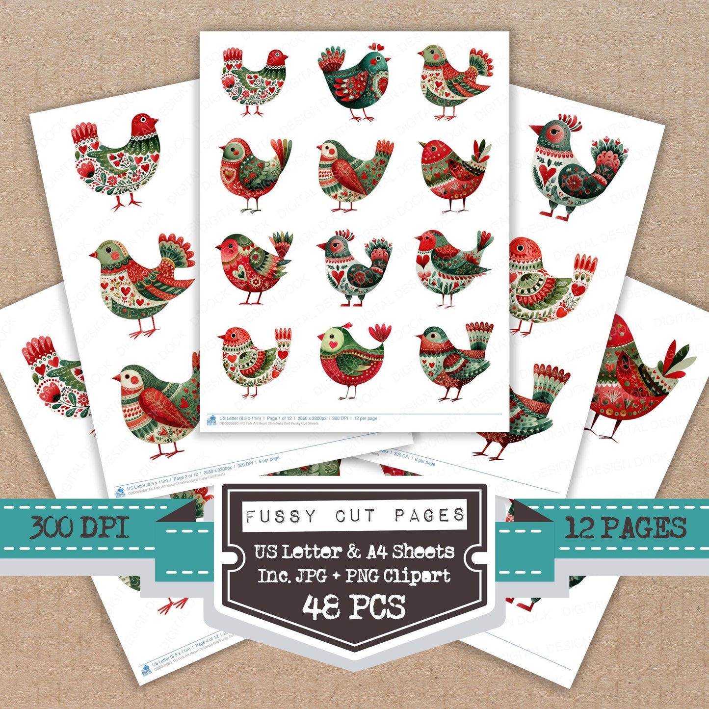 Folk Art Heart Christmas Bird fussy cut printable sheets for junk journaling, scrapbooking, and paper craft projects