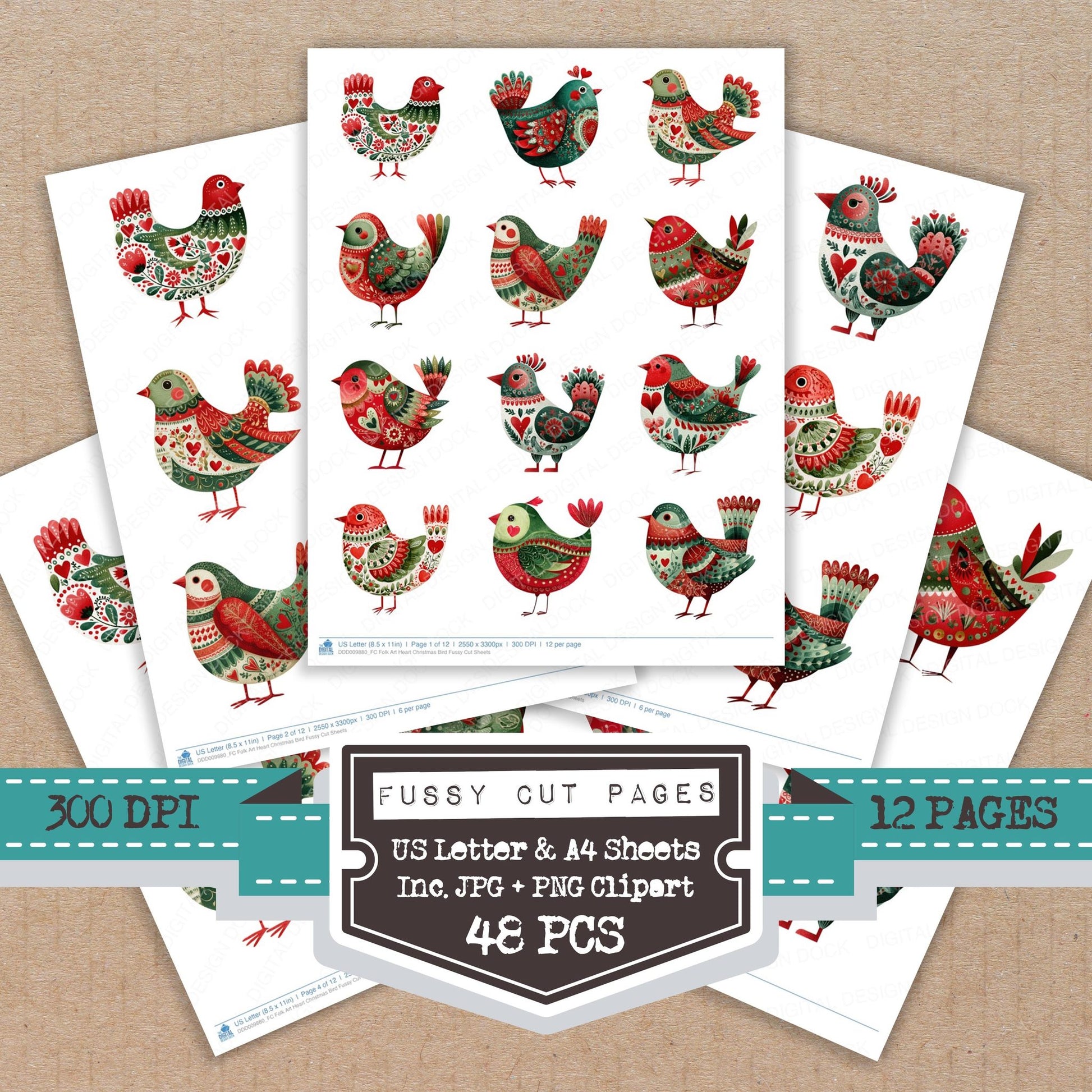 Folk Art Heart Christmas Bird fussy cut printable sheets for junk journaling, scrapbooking, and paper craft projects