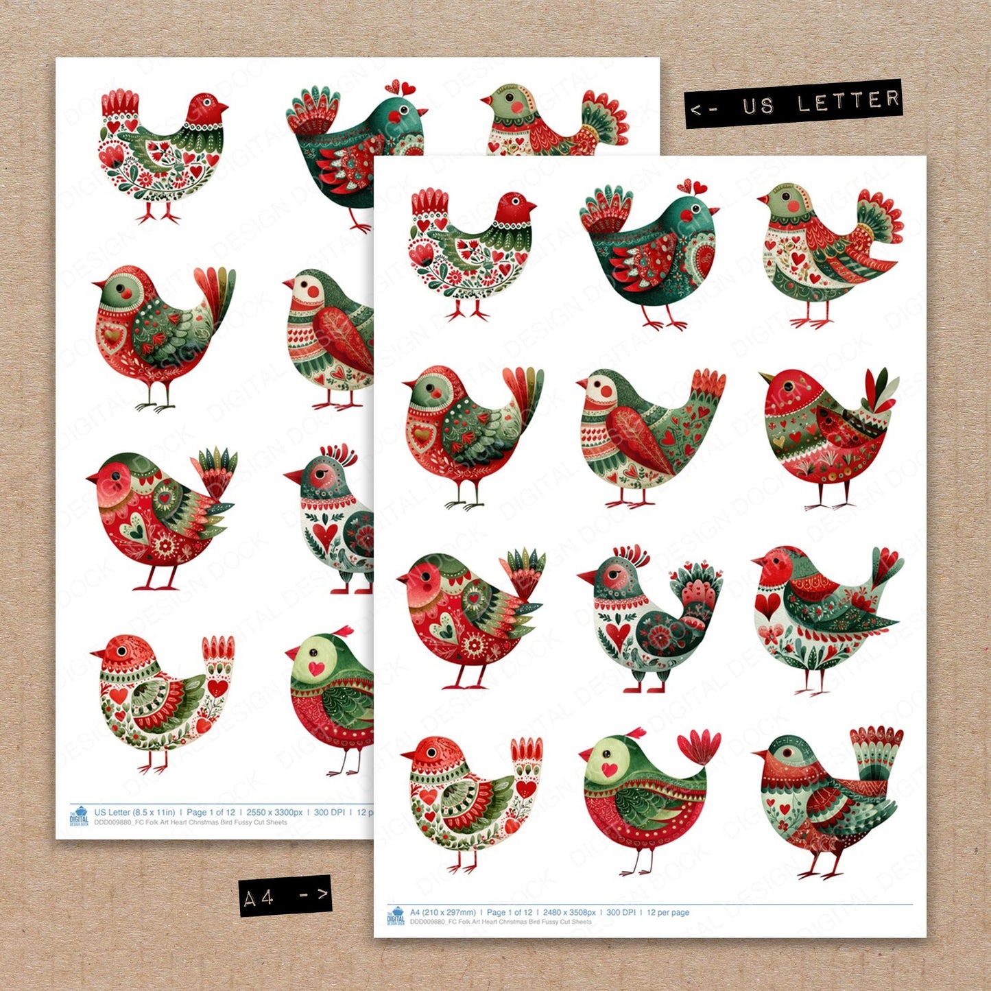 A4 and US Letter format comparison showing Folk Art Heart Christmas Bird fussy cut pages for print and cut crafting