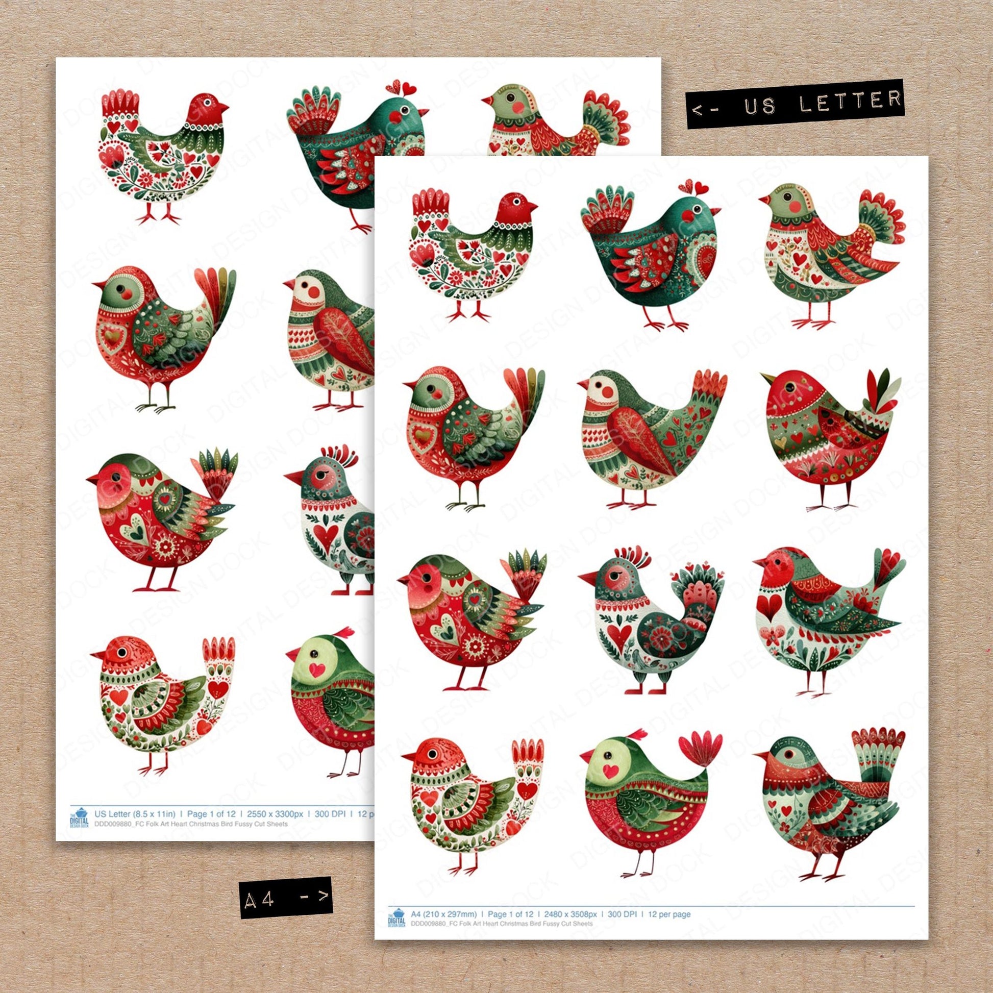 A4 and US Letter format comparison showing Folk Art Heart Christmas Bird fussy cut pages for print and cut crafting