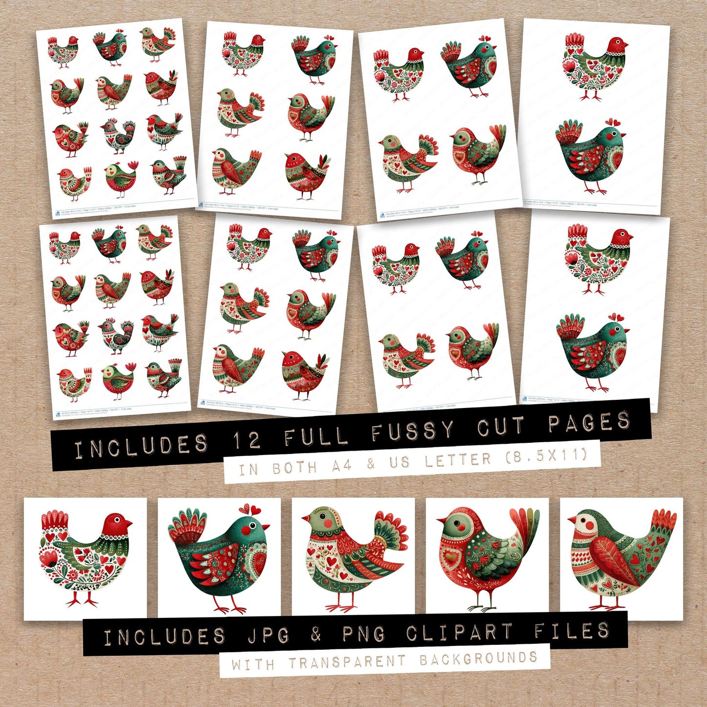 Full collection view of Folk Art Heart Christmas Bird fussy cut sheets with bonus clipart JPG and PNG files