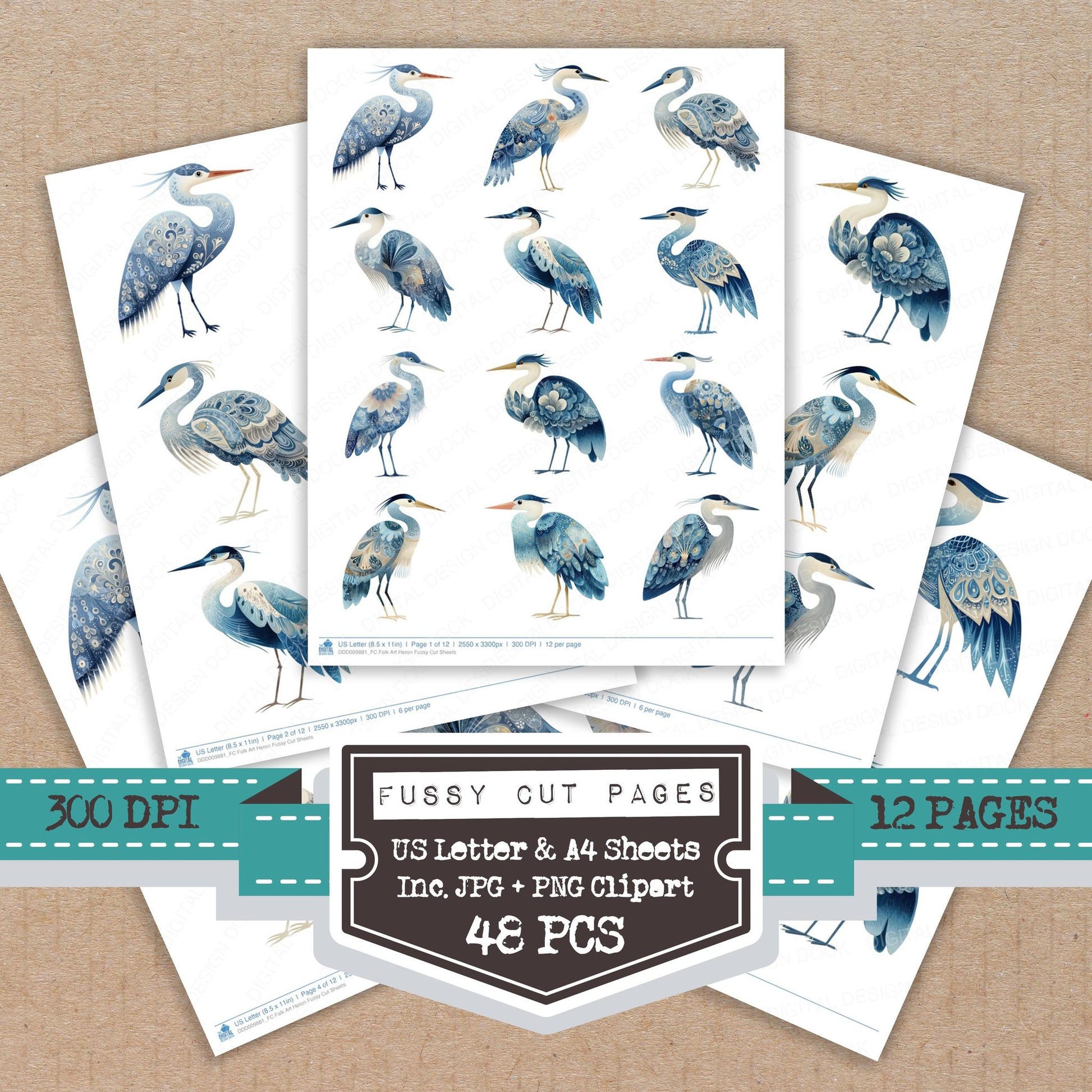 Folk Art Heron fussy cut printable sheets for junk journaling, scrapbooking, and paper craft projects