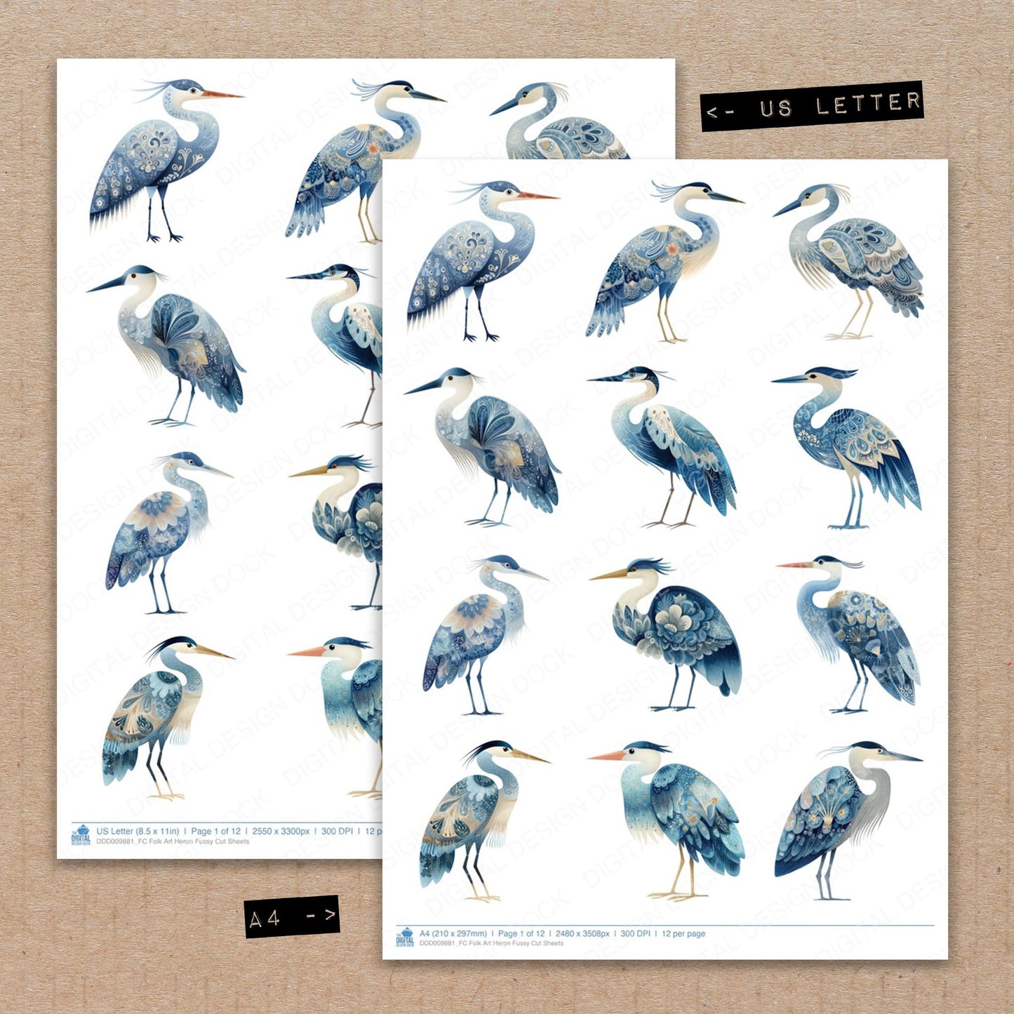 A4 and US Letter format comparison showing Folk Art Heron fussy cut pages for print and cut crafting