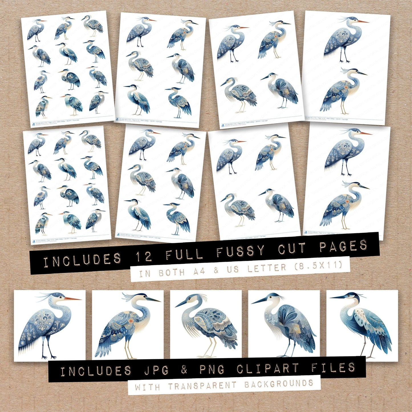 Full collection view of Folk Art Heron fussy cut sheets with bonus clipart JPG and PNG files