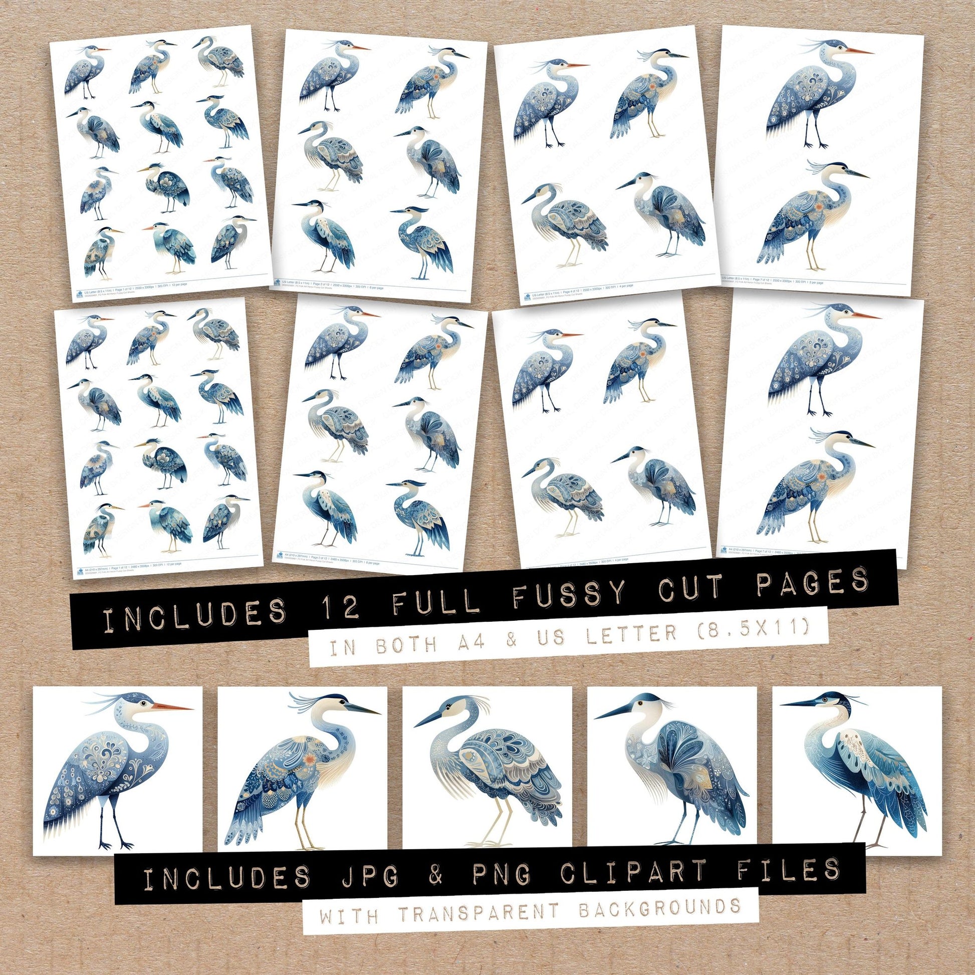 Full collection view of Folk Art Heron fussy cut sheets with bonus clipart JPG and PNG files