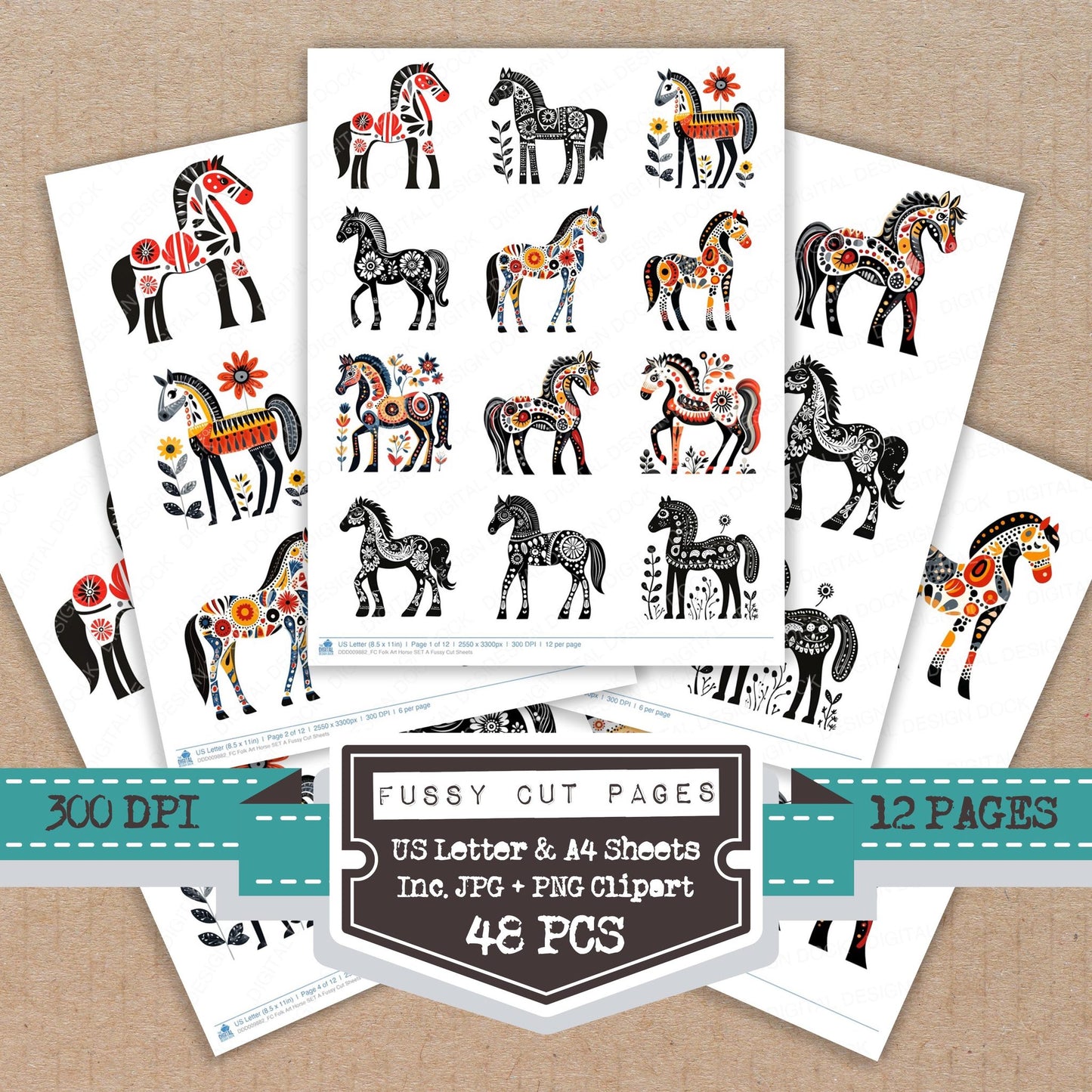 Folk Art Horse A fussy cut printable sheets for junk journaling, scrapbooking, and paper craft projects