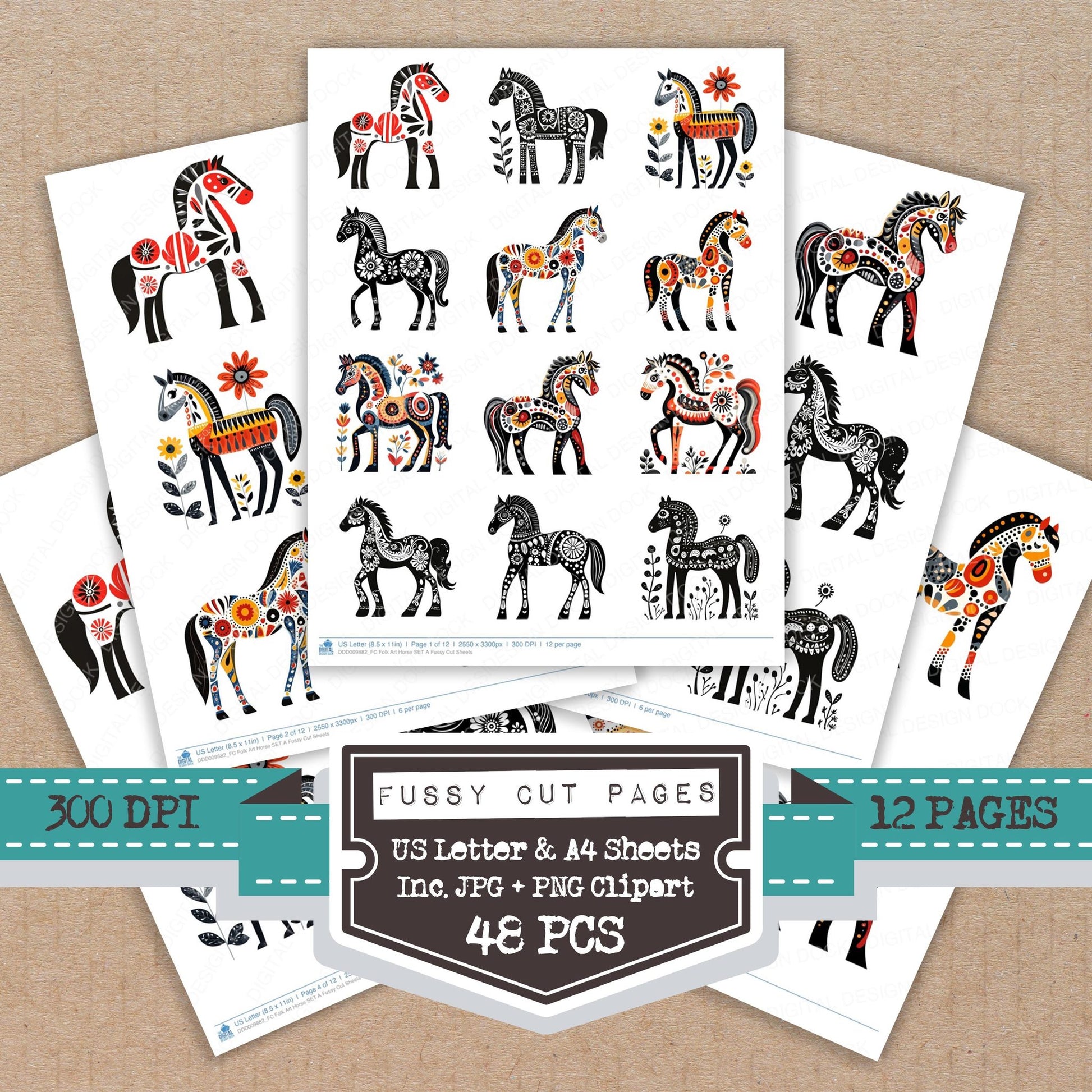 Folk Art Horse A fussy cut printable sheets for junk journaling, scrapbooking, and paper craft projects