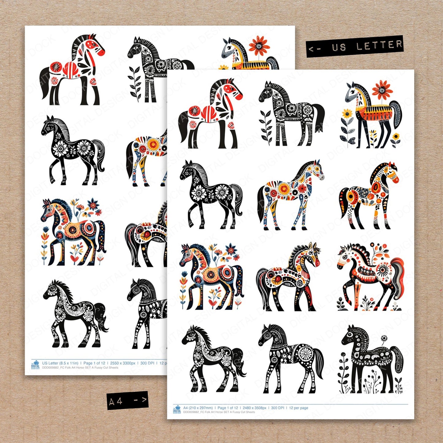 A4 and US Letter format comparison showing Folk Art Horse A fussy cut pages for print and cut crafting