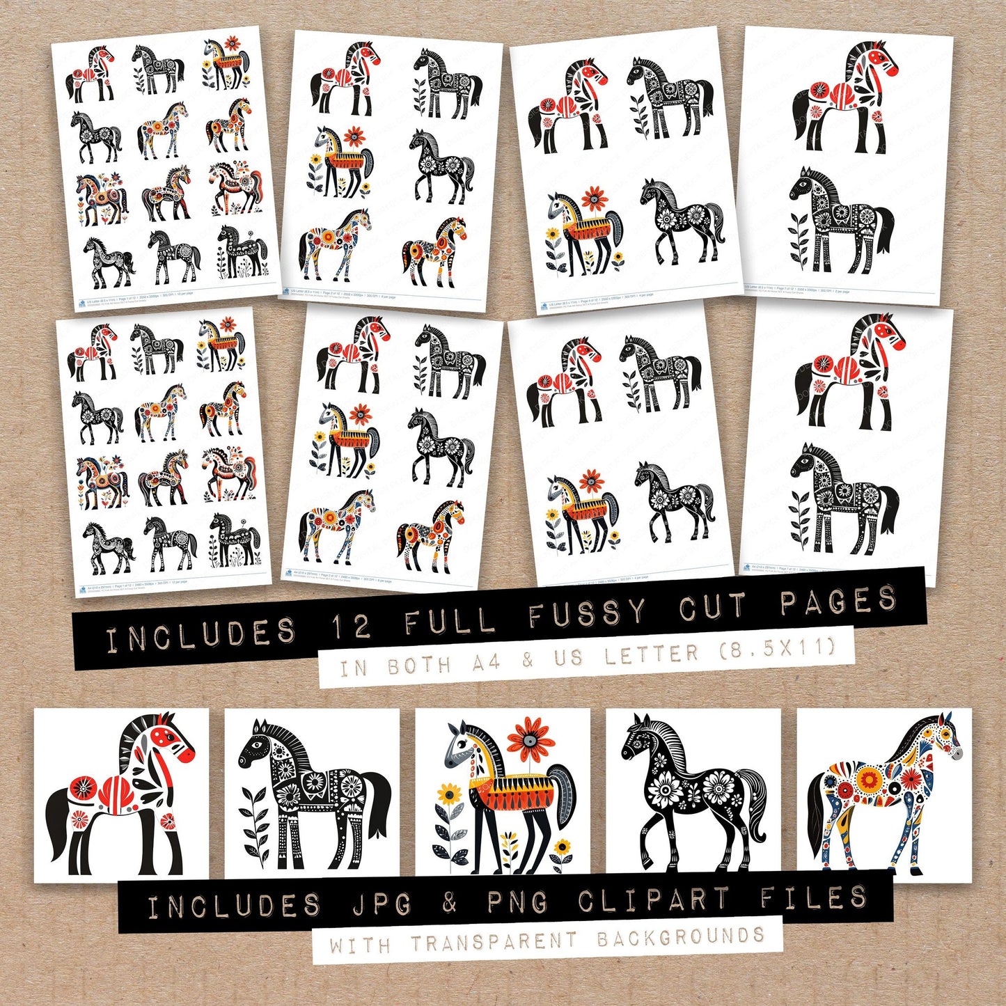Full collection view of Folk Art Horse A fussy cut sheets with bonus clipart JPG and PNG files