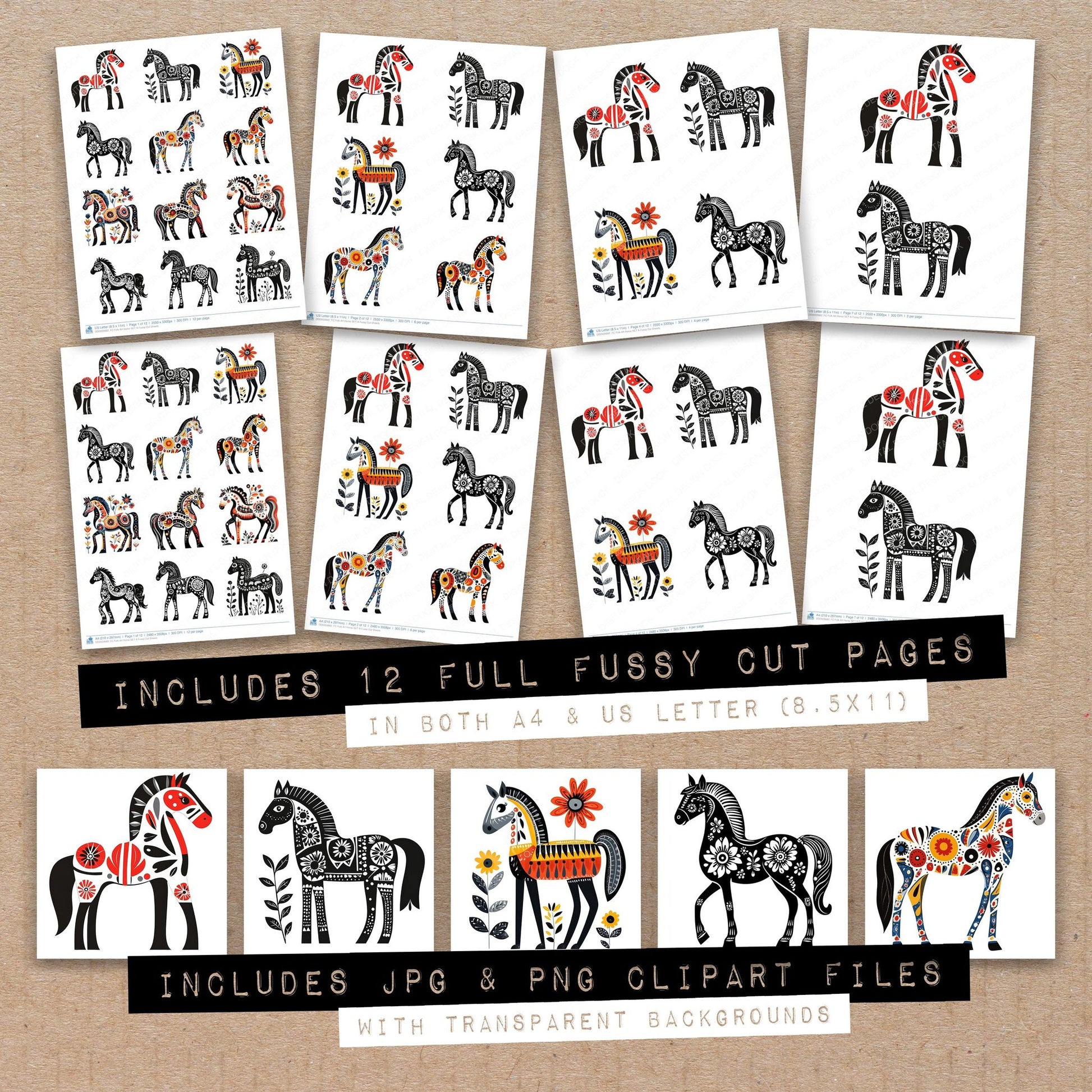 Full collection view of Folk Art Horse A fussy cut sheets with bonus clipart JPG and PNG files