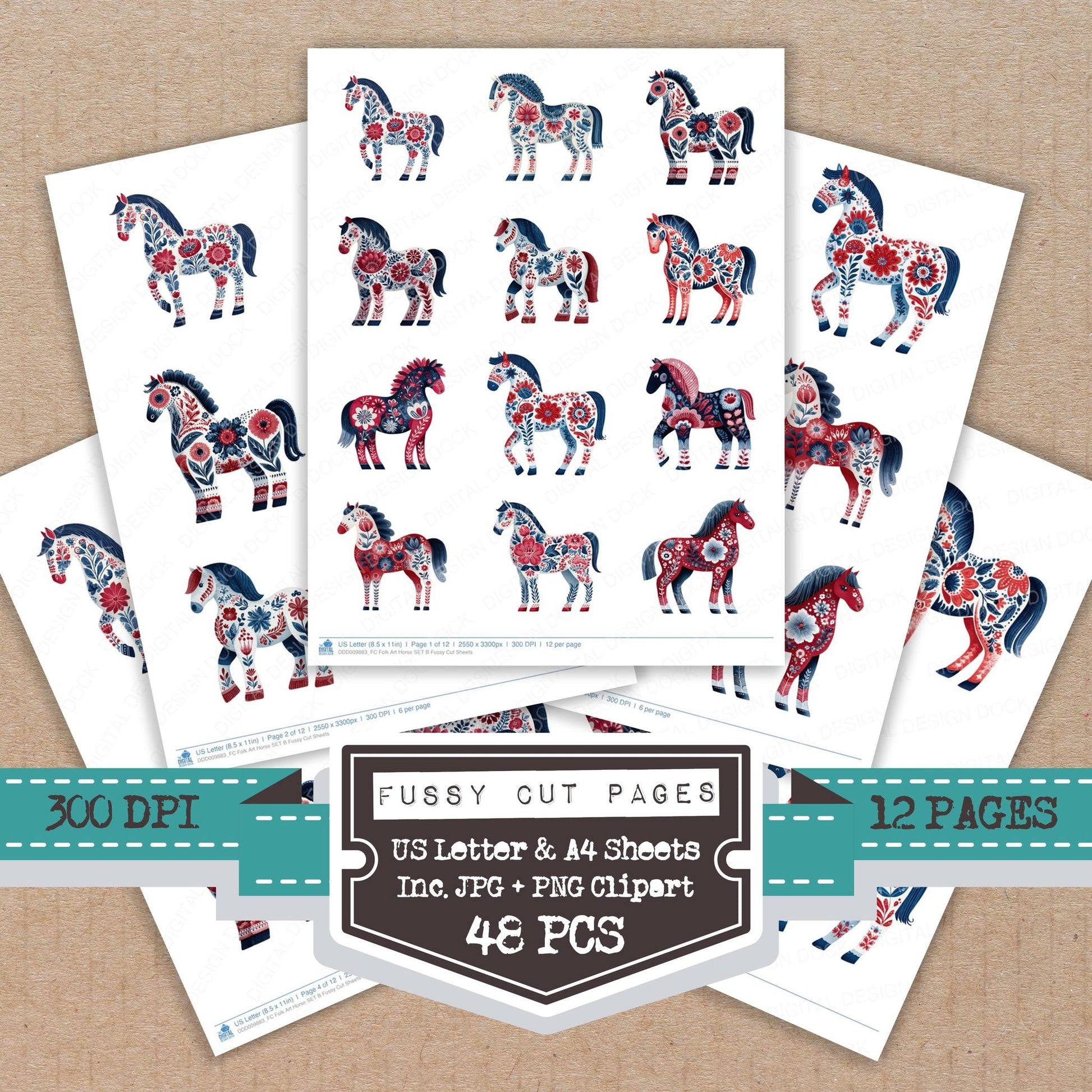Folk Art Horse B fussy cut printable sheets for junk journaling, scrapbooking, and paper craft projects