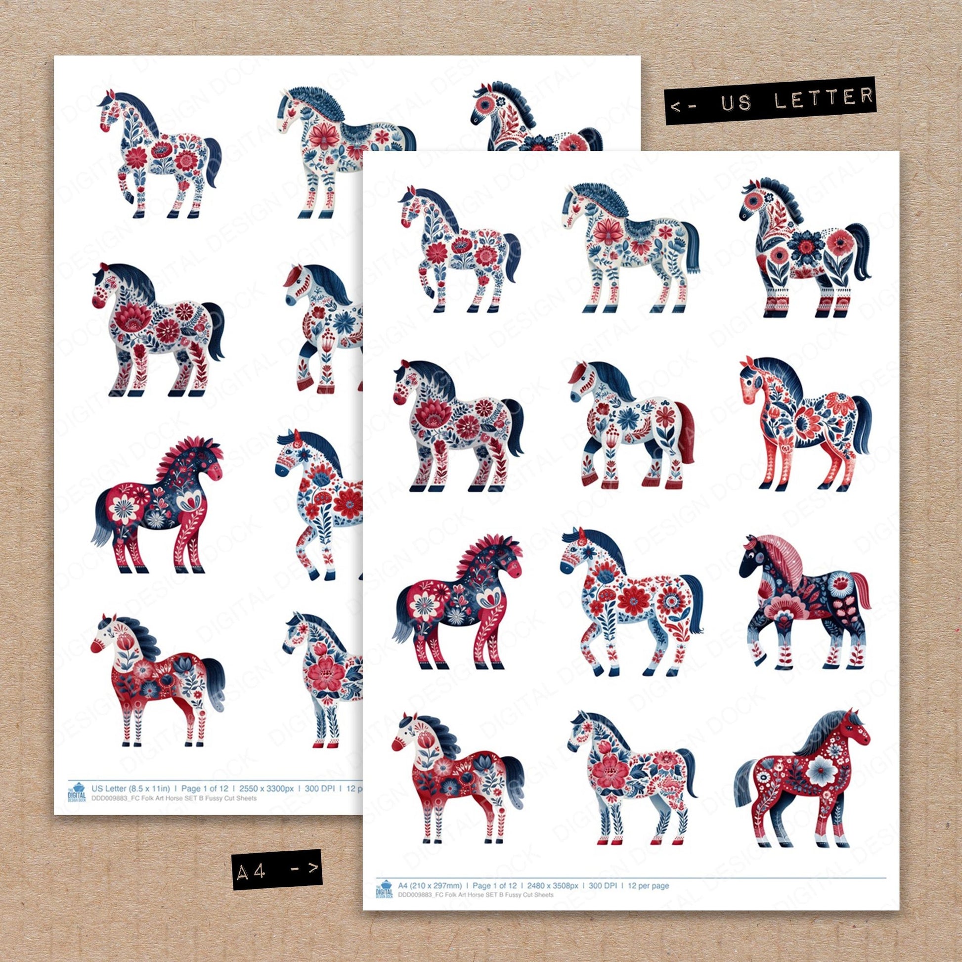 A4 and US Letter format comparison showing Folk Art Horse B fussy cut pages for print and cut crafting