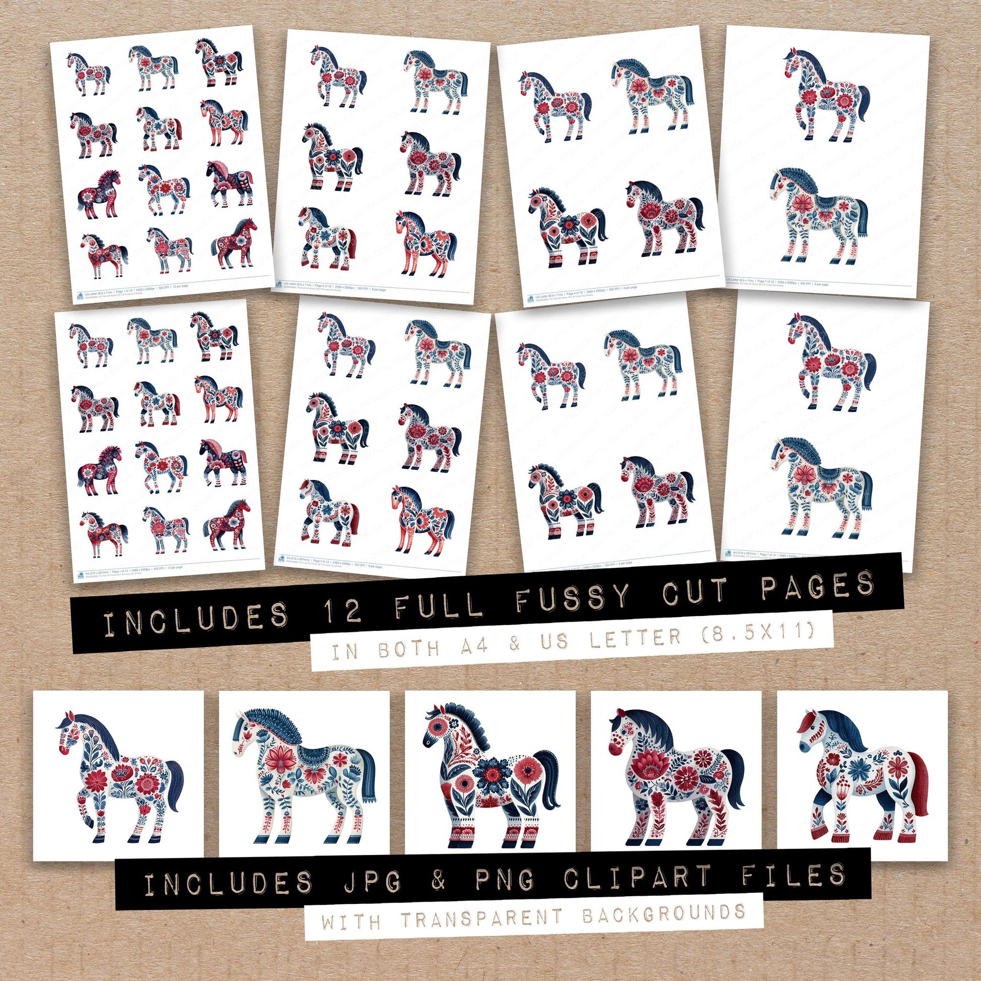 Full collection view of Folk Art Horse B fussy cut sheets with bonus clipart JPG and PNG files