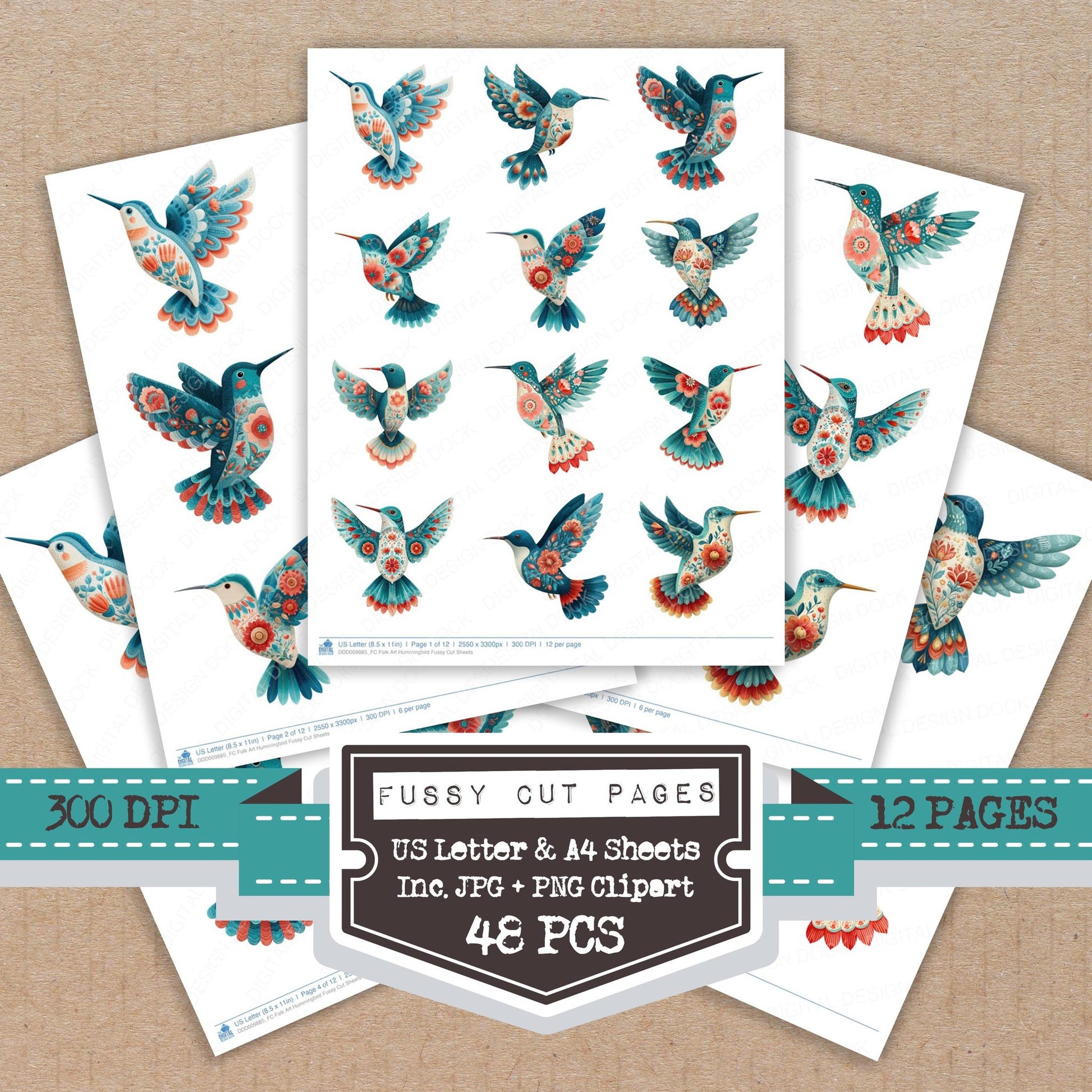 Folk Art Hummingbird fussy cut printable sheets for junk journaling, scrapbooking, and paper craft projects