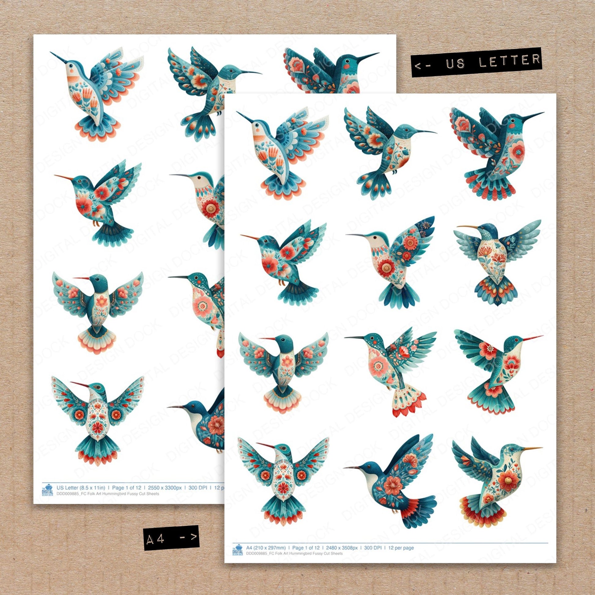 A4 and US Letter format comparison showing Folk Art Hummingbird fussy cut pages for print and cut crafting