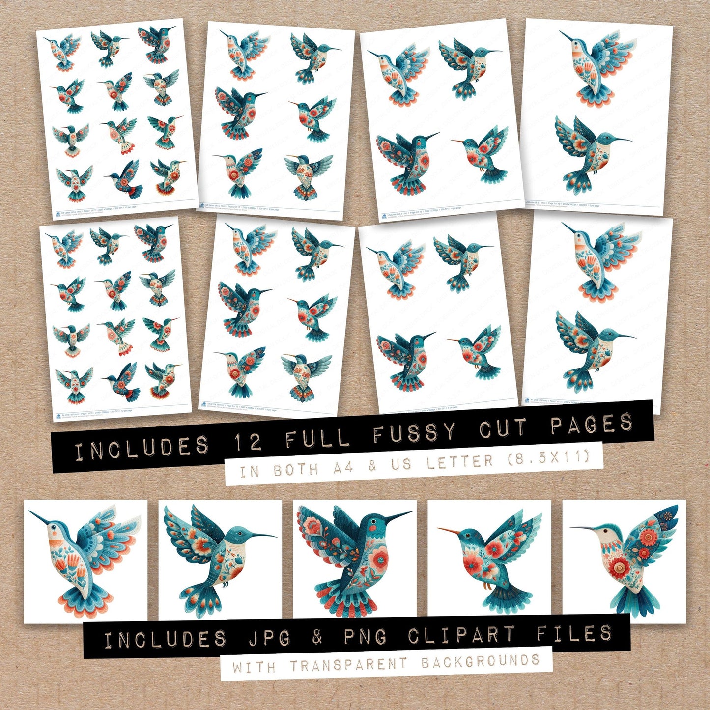 Full collection view of Folk Art Hummingbird fussy cut sheets with bonus clipart JPG and PNG files