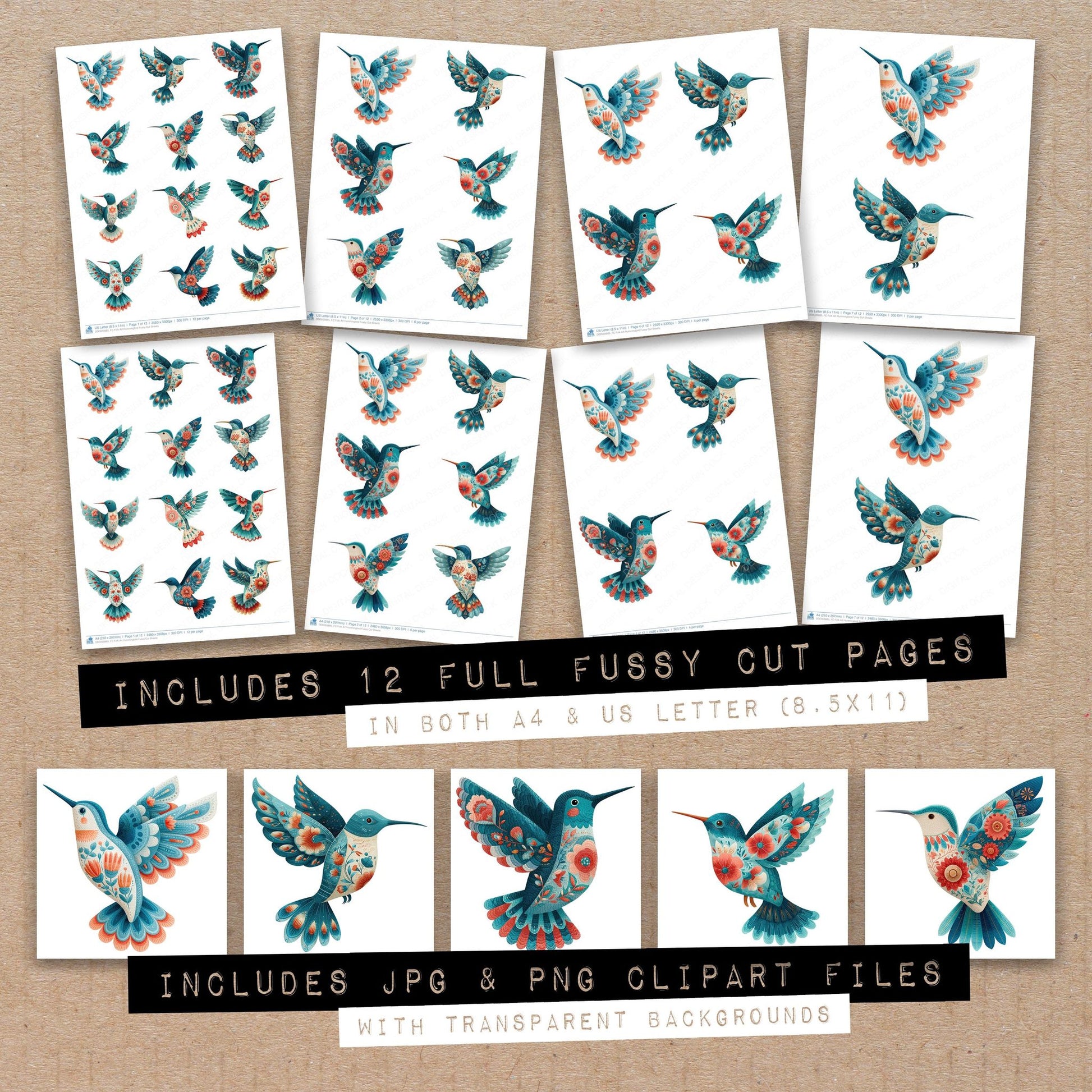 Full collection view of Folk Art Hummingbird fussy cut sheets with bonus clipart JPG and PNG files