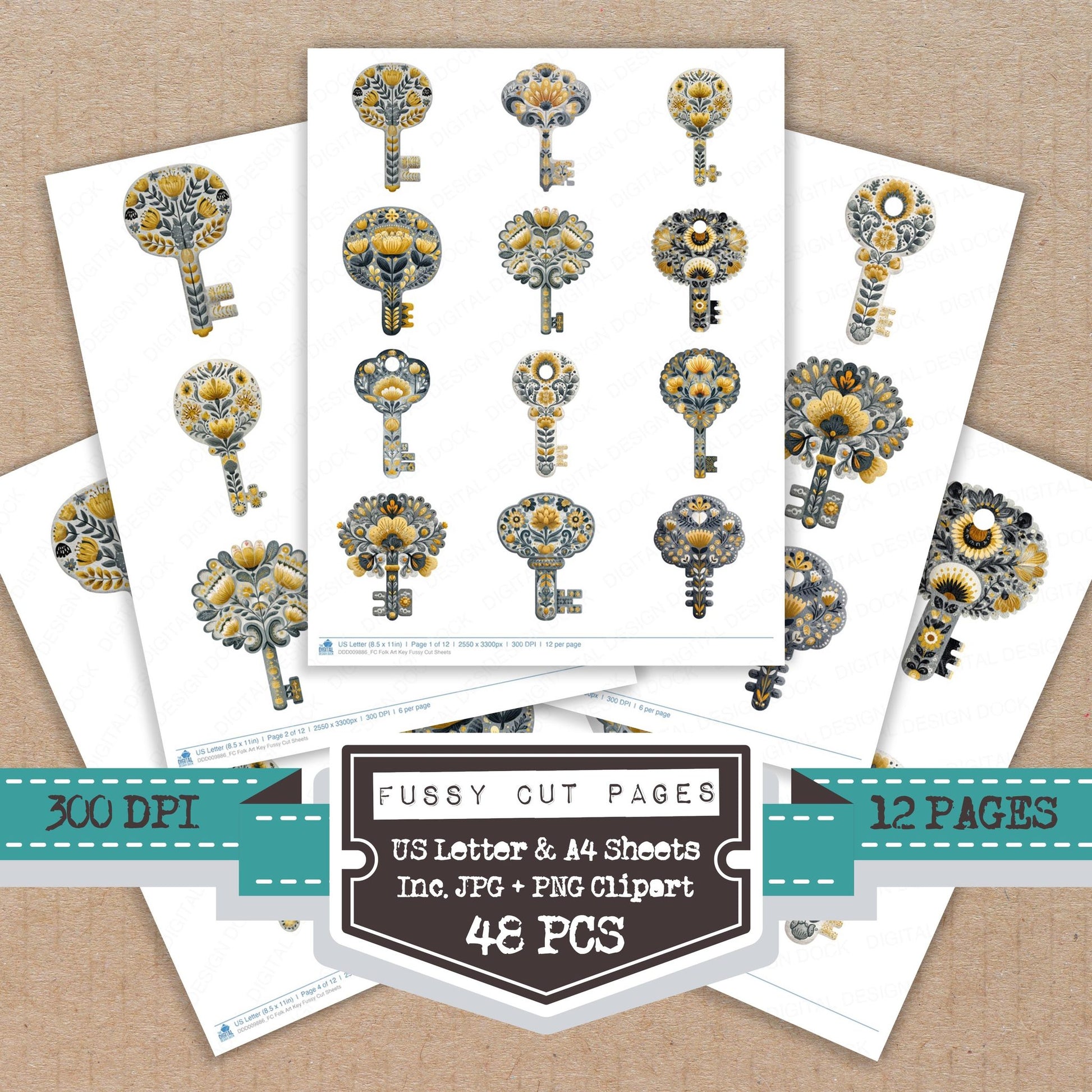 Folk Art Key fussy cut printable sheets for junk journaling, scrapbooking, and paper craft projects